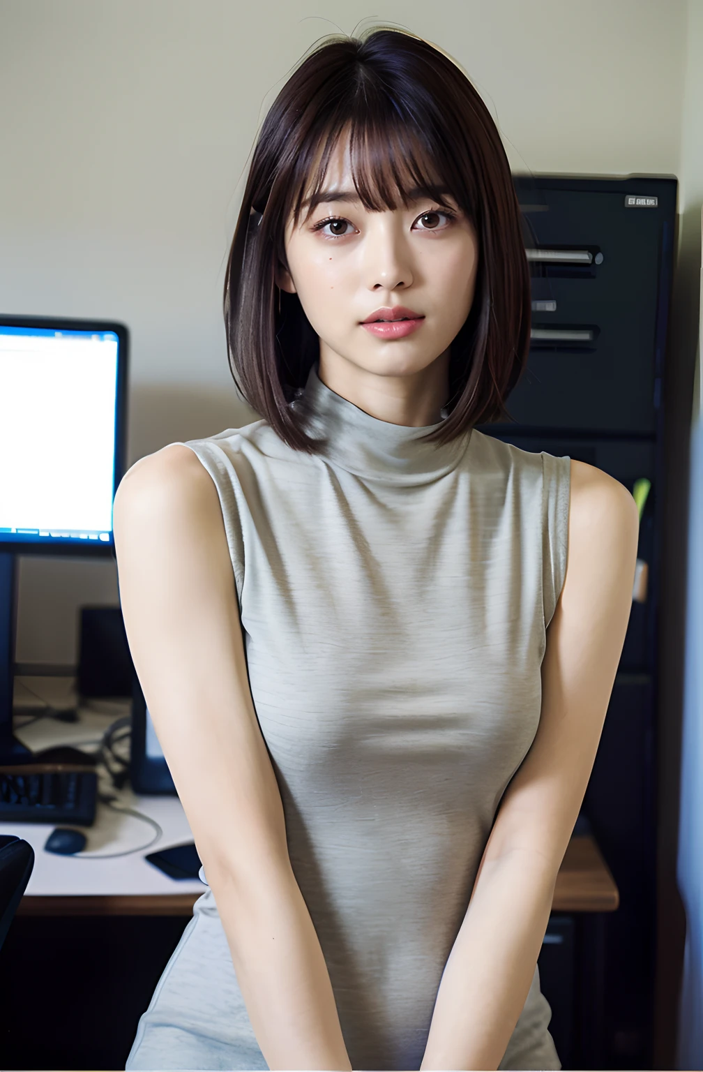 ((8K)、top-quality、​masterpiece、超A high resolution:1.2)Photo Beautiful Japan woman(pleasing:1.1) Elegance、There is a good、Transparent atmosphere、Beautiful face、Gradient lighting、1girl in、Delicate skin、Look into the distance、Brown-eyed、(short hair with bangs:1.2)、(breasts are large:1.0)、(medium areola:0.8)、(realisitic:1.4)、(top-quality:1.0)、(超A high resolution:1.0)、8K、Raw photography、(​masterpiece:0.2)、(pureerosface）、Contrast Trim Polo Neck Bodycon Dress、Onepiece、Polo shirt style dresses、Sleeveless、The shirt、Tight silhouette、want me、Take your eyes off、s Office、There are many computers lined up、Lots of desks、Large office、erect through、total darkness、subject、Lean、Hang your employee ID card from your neck、Having a file、deep in the night、Ass big、Kinda chubby、Bangs shed to the side、organize your hairstyle well、Put your ears out、Hold a file in your hand、