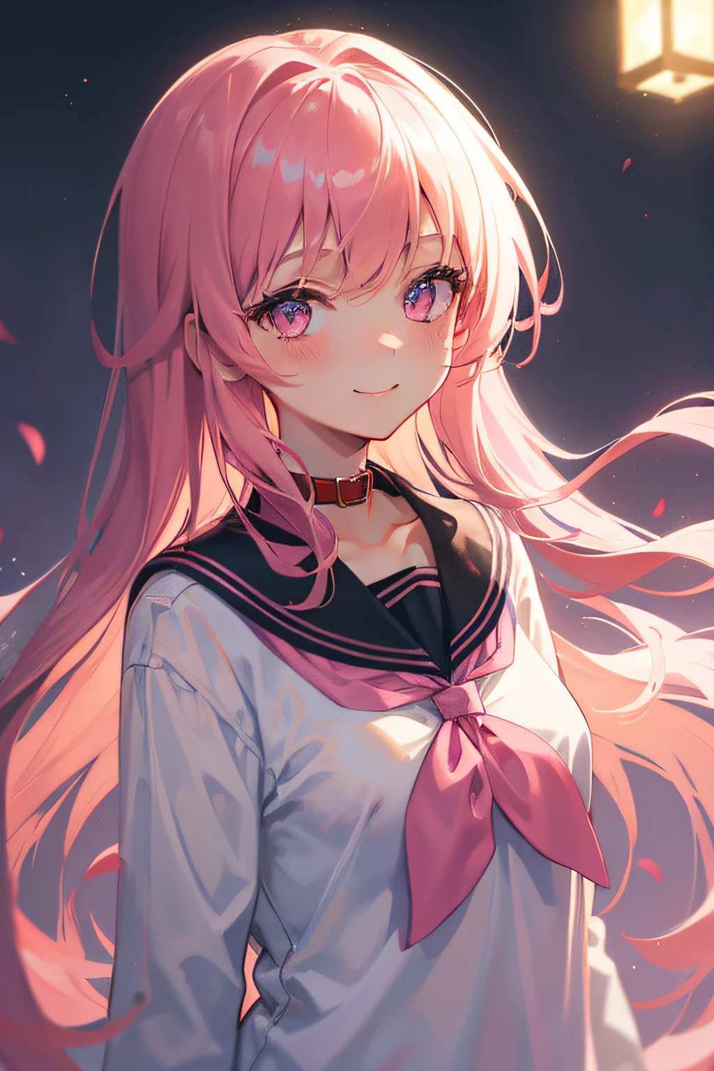 8K, Best Quality, (Masterpiece: 1.2) , Super Detail, 1 Girl, Cute, Indie, Beautiful Details Sky, Night Sky, Evening, (Nose Red) , Sweet Smile, (Smile: 1.15) , (Shut Up) Small Tits, Small Beautiful Detail Eyes, (Collar Shirt: 1.1) , Night, Sailorfuku, Black Sailorfuku, Long Hair, Pink Hair, Flowing Hair, Pink Eyes, Holding Lantern