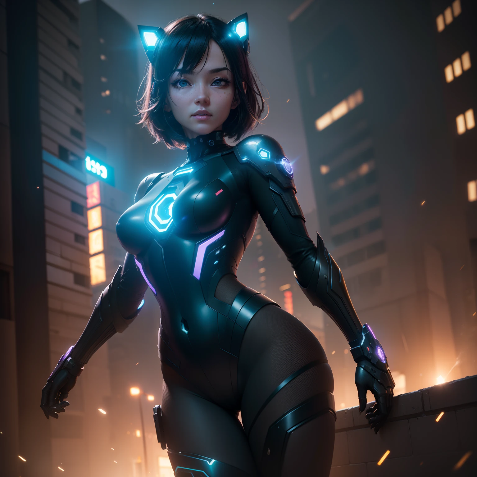 ((top-quality)), ((​masterpiece)), ((realisitic)), (detaileds), (Photorealsitic:1.5), Future girl, (thick body), (Black and purple bodysuit), lights on armor, Cybernetic Headwear, Look at viewers, Eyes glow,dynamicposes,  destroyed city background, Night building, scientific fiction, nffsw, Ray traching, NVIDIA RTX, Hyper-Resolution, Unreal 5, Sub-surface scattering, PBR Texturing, post processed, Anisotropy Filtering, depth of fields, Maximum clarity and sharpness, thirds rule、8K Raw、(Luminescent particles:1.4)、(extremely details CG、Unity 8k Wallpapers、3D、lighting like a movie、lensflare)、Reflectors、foco nítido、Cyberpunk Art、Cyberpunk architecture、