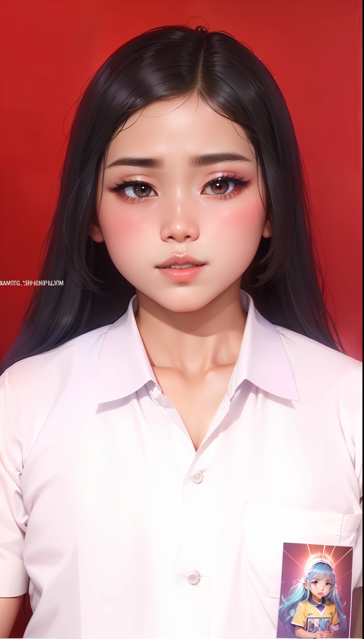 Baju sekolah putih, cahaya wajah realistis glowing halus, Rambut panjang hitam, pipi glowing , cahaya glowing di tengah jidat dan di atas bulu mata