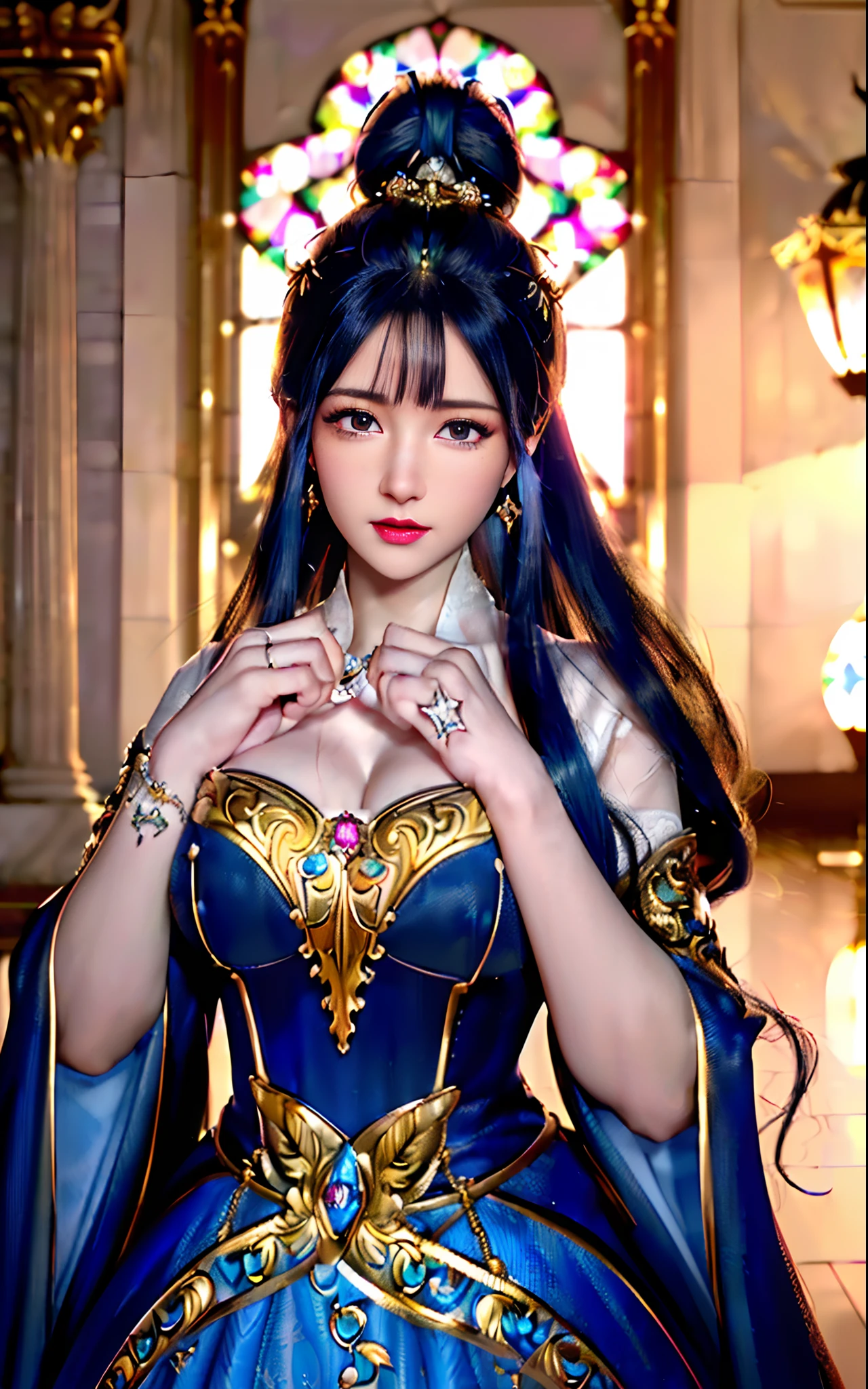 ((realisticity: 1.2)), ((realistic: 8K UHD)), ((best resolution: 8K UHD)), hyper detailed, best quality,masterpiece,highres,cg, ((1 girl hyper detailed and hyper realistic) ) , ((beautiful queen, hyper realistic and hyper detailed)),((white skin, beautiful, smooth, youthful, hyper realistic and hyper detailed )), ((Face hyper beautiful, white, hyper realistic and hyper detailed ) ), long hair, ((hyper realistic and hyper detailed dress)), solo, ((hyper realistic, hyper beautiful, beautiful and hyper detailed jewelry)), ((hyper beautiful deep red and golden yellow dress, hyper realistic and hyper detailed )) , ((Her pretty, hyper realistic, hyper detailed diamond filled earrings)), ((Her gorgeous diamond haircut, hyper realistic and hyper detailed)), ((hyper pretty upper body, hyper beautiful, hyper realistic and hyper detailed) ), ((medium breast: 1.5)), ((hyper realistic, hyper pretty, hyper detailed boobs)), ((the backgroun of the royal palace is hyper majestic, hyper realistic and hyper detailed)),((hands and palms hyper beautiful, hyper detailed, hyper realistic)), ((fingers: pinky finger, index finger, ring finger, middle finger, and thumb hyper realistic, hyper detailed, hyper beautiful)), ((hyper pretty, hyper pretty, hyper realistic and hyper detailed hair bun)), ((hyper pretty , hyper realistic and hyper detailed blue hair)), candid, Photo, high resolution, 8k , bokeh,