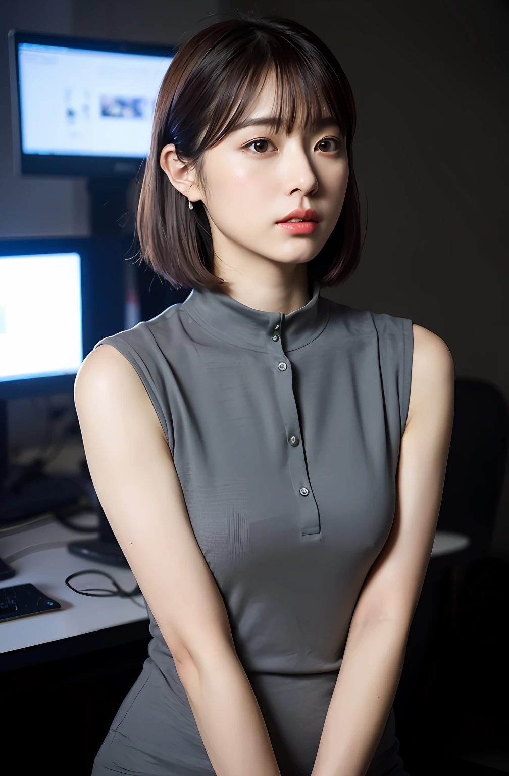 ((8K)、top-quality、​masterpiece、超A high resolution:1.2)Photo Beautiful Japan woman(pleasing:1.1) Elegance、There is a good、Transparent atmosphere、Beautiful face、Gradient lighting、1girl in、Delicate skin、Look into the distance、Brown-eyed、(short hair with bangs:1.2)、(breasts are large:1.0)、(medium areola:0.8)、(realisitic:1.4)、(top-quality:1.0)、(超A high resolution:1.0)、8K、Raw photography、(​masterpiece:0.2)、(pureerosface）、Contrast Trim Polo Neck Bodycon Dress、Onepiece、Polo shirt style dresses、Sleeveless、The shirt、Tight silhouette、want me、Take your eyes off、s Office、There are many computers lined up、Lots of desks、Large office、erect through、total darkness、subject、Lean、Hang your employee ID card from your neck、Having a file、deep in the night、Ass big、Kinda chubby、Bangs shed to the side、organize your hairstyle well、Put your ears out、Hold files in your hands、