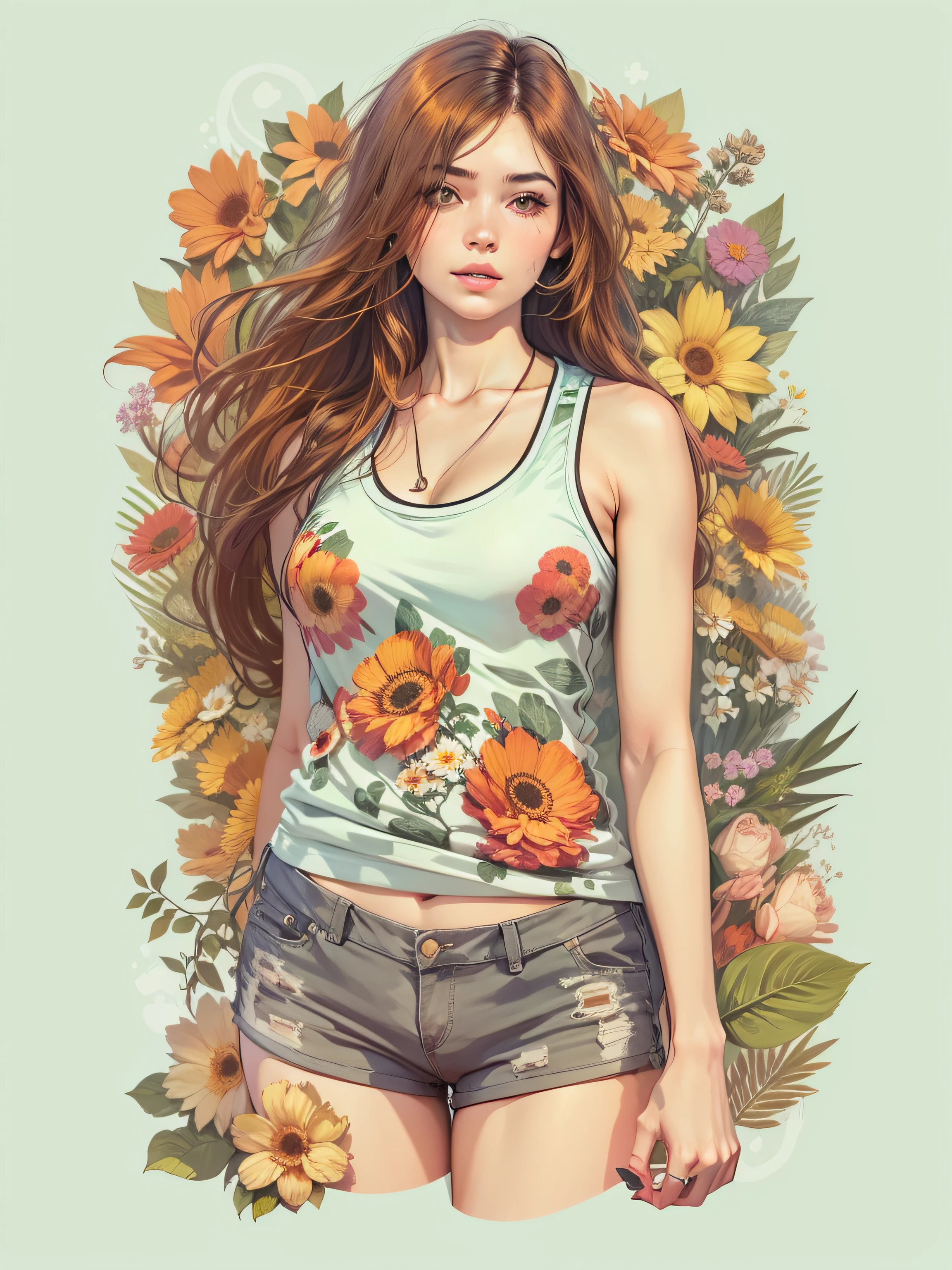 young woman, wearing bikini according to short flowers, with long brown hair, surrounded by various flowers, realistic style image, surrounded by vibraprint ready vector t-shirt design, white background, side view, sticker, clean white background, vector professional, high detail, t-shirt design, vibrant.