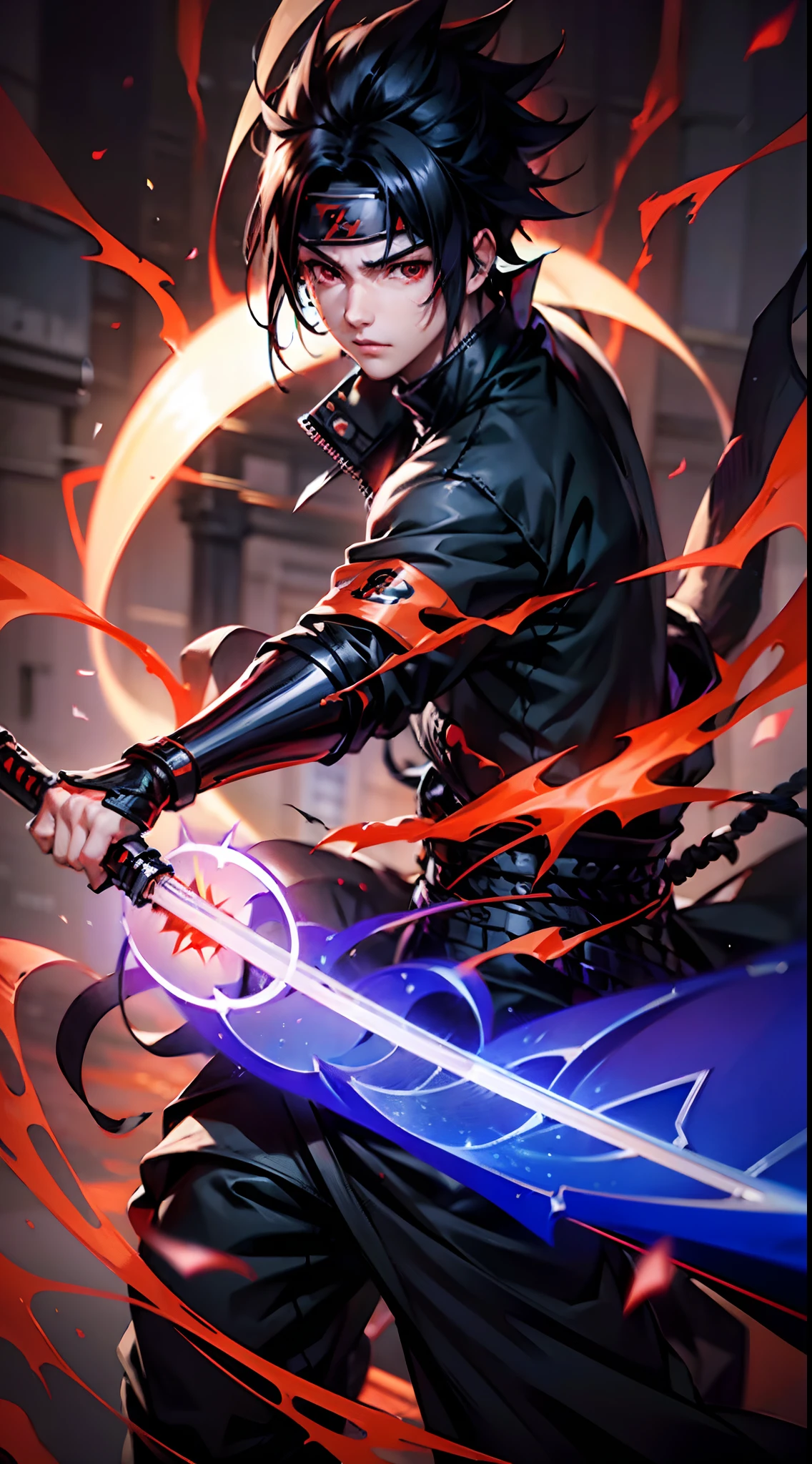 1boy，(((Solo)))，Male，Uchiha sasuke, A character in Japanese manga "Naruto" and its derivative works，（dynamicposes：1.5），holding knives，katana swords，Thunder and lightning surround，salama，skills_Susano，Close-up，The character is close to the shot，Metal forehead protection，Ninja costume in the anime "Naruto"，Ninja forehead，Red eyes， Black hair，(best qualtiy:1.5)，rhythm，unreal 5 render，rendering by octane，8K分辨率，