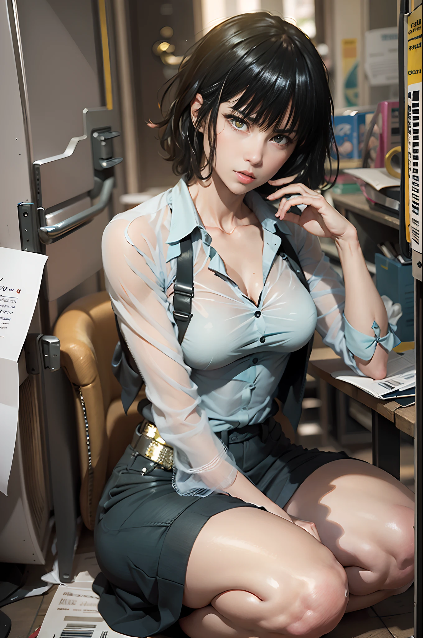 (obra maestra, mejor calidad: 1.2), solo, 1girl,Fubuki, no fun, boca cerrada, mirando al espectador, mano en la cara, sentado, piernas cruzadas, camisa con cuello, corbata, falda, pantimedias