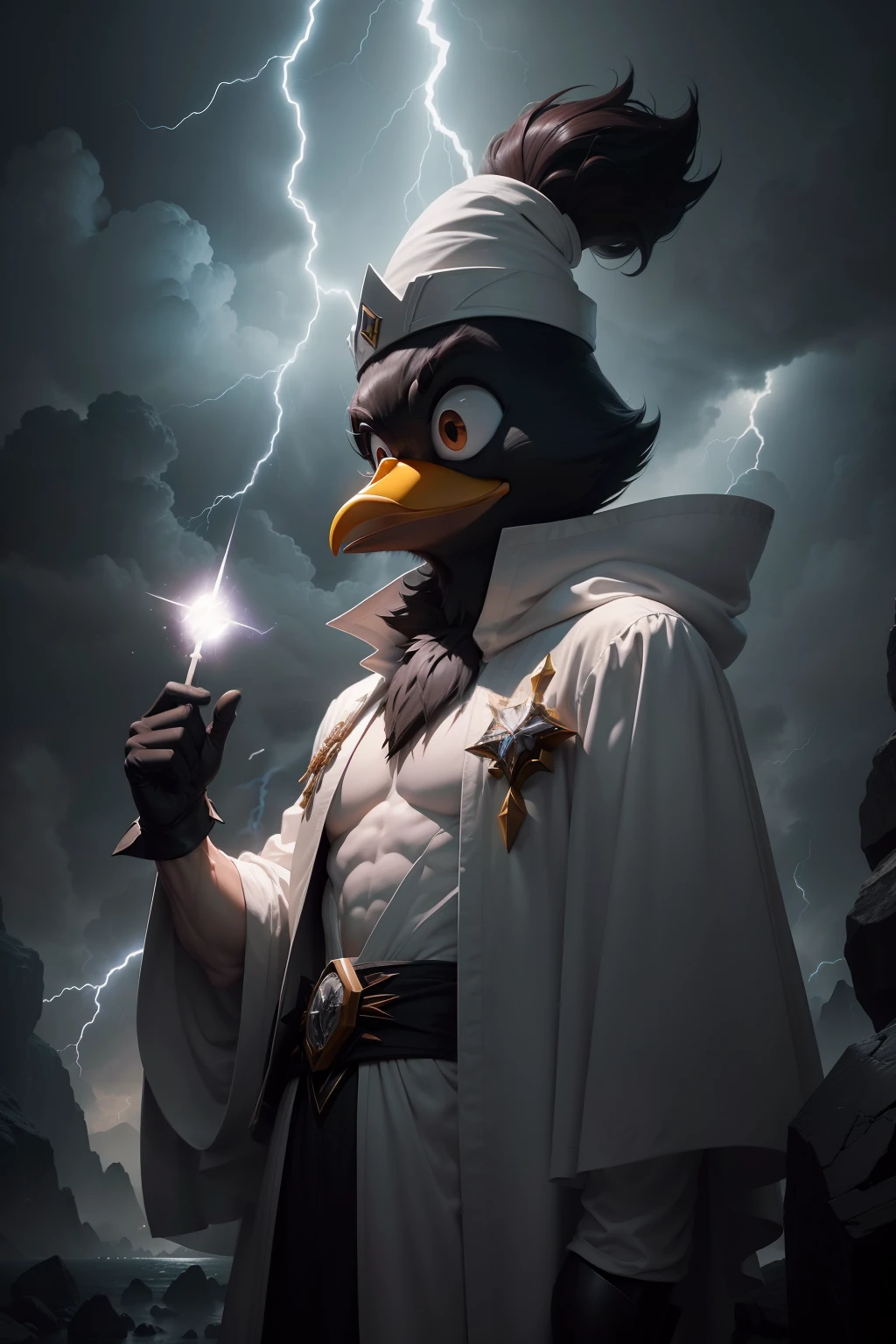 (extremamente detalhado CG unidade 8k papel de parede, master part, melhor qualidade, ultra-detalhado), Alto contraste, Daffy Duck as a mage, white robe, lightning aura, Atmosfera chocante, Dark setting, cinematic feel, white mage hat, perfect symmetry.