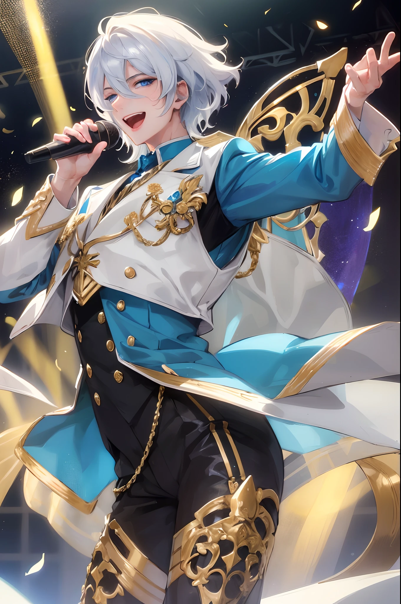 Official fine art,tmasterpiece,Sharp focus,Idol male singer,idoly,Stage costumes,be on stage,holding a mic,Delicate and beautiful hair and eyes and face,realisticlying,ultra - detailed,Big handsome guy,blue-sky,Glowing white particles,(side-lighting:1.2),Big stage,Slender,Cute figure,Toothy laughter,((Laugh and open your eyes)),Handsome short hair, sexy facial expression, Dynamic hair, glow blue eyes, (Handsome suit), paleskin,