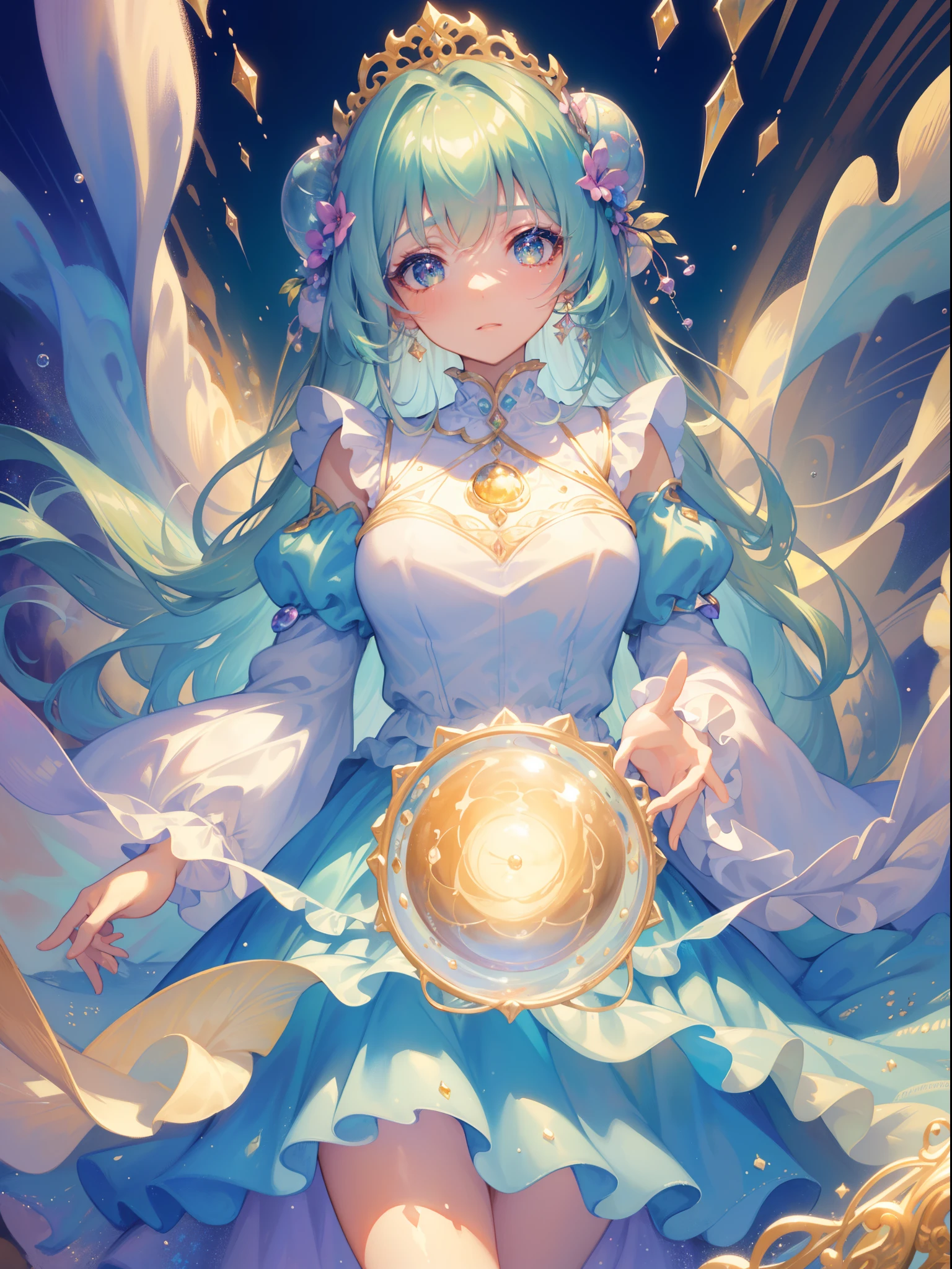 masterpiece, best quality, 8k resolution, sharp focus, intricate detail, beautiful girl, sparkling eyes, golden ratio face, otherworldly liquid, watercolor, pastel colors, bright colors, whimsical, colorful, sharp focus, high resolution, fine detail, ((layered tiered puffy long sleeves ballgown)), ((round eyes)), iridescent bubbles, fantasia background