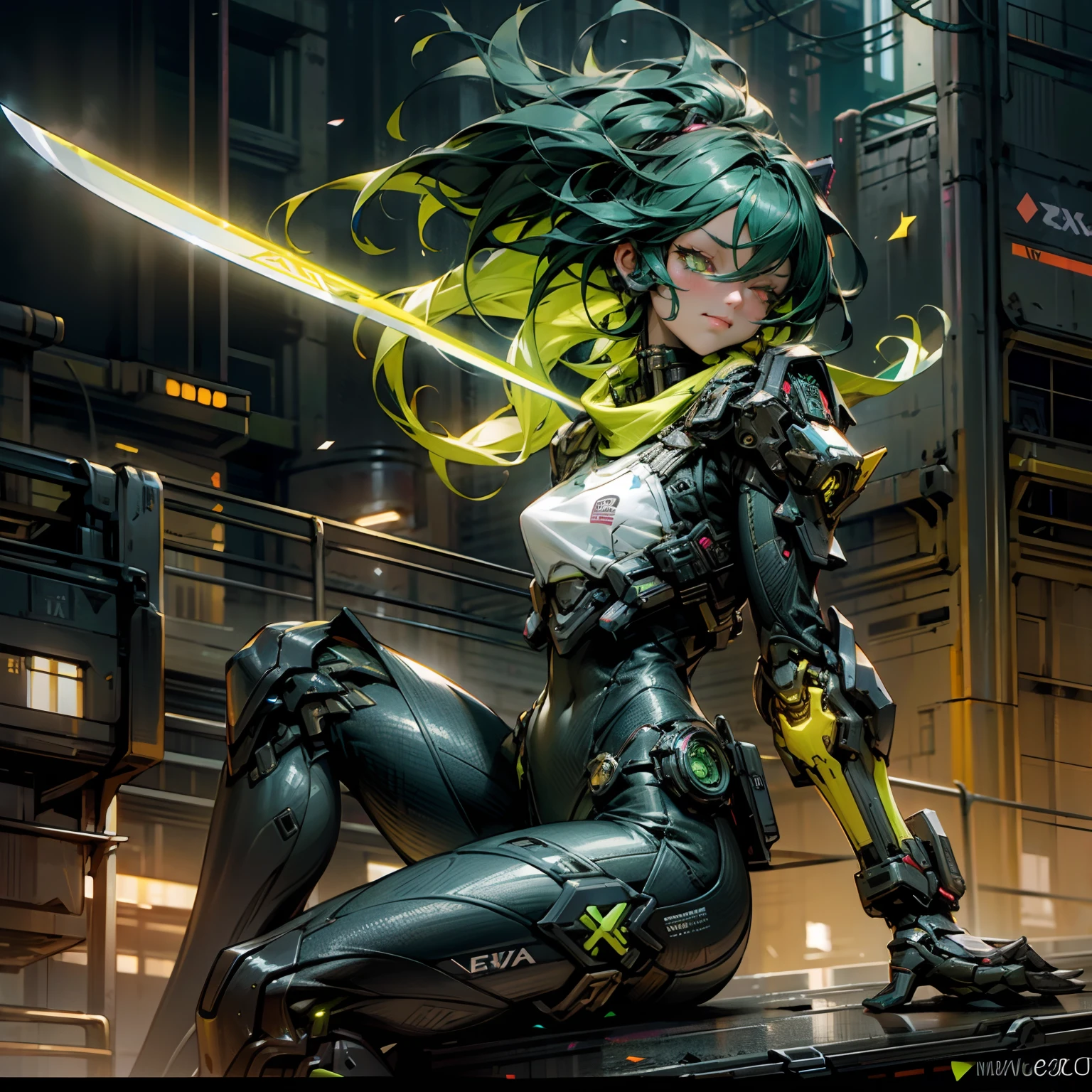 NEON GREEN BEAUTIFUL CYBERPUNK GIRL SITTING ON LEDGE OF BUILDING HOLDING A SWORD, WILd EXPRESSION, SMIRK, GREEN GLOWING FLAING EYES, DARK AURA, CYBORG GIRL LONG FLYING HAIR,, CINEMATIC, REAL SKIN WRX62, REFLECTIVE SKIN MH66, VSGX62, REAL LIFE 5D PRO, NVDIA, AMD GRAPHICS, EPIC, MOVIE STYLE DYNAMIC LIGHTING PRO, PERFECT DETAILED FACE, WASTELAND BACKGROUND, APOCALYPSE, BLOOM LIGHTING, NIGHT TIME