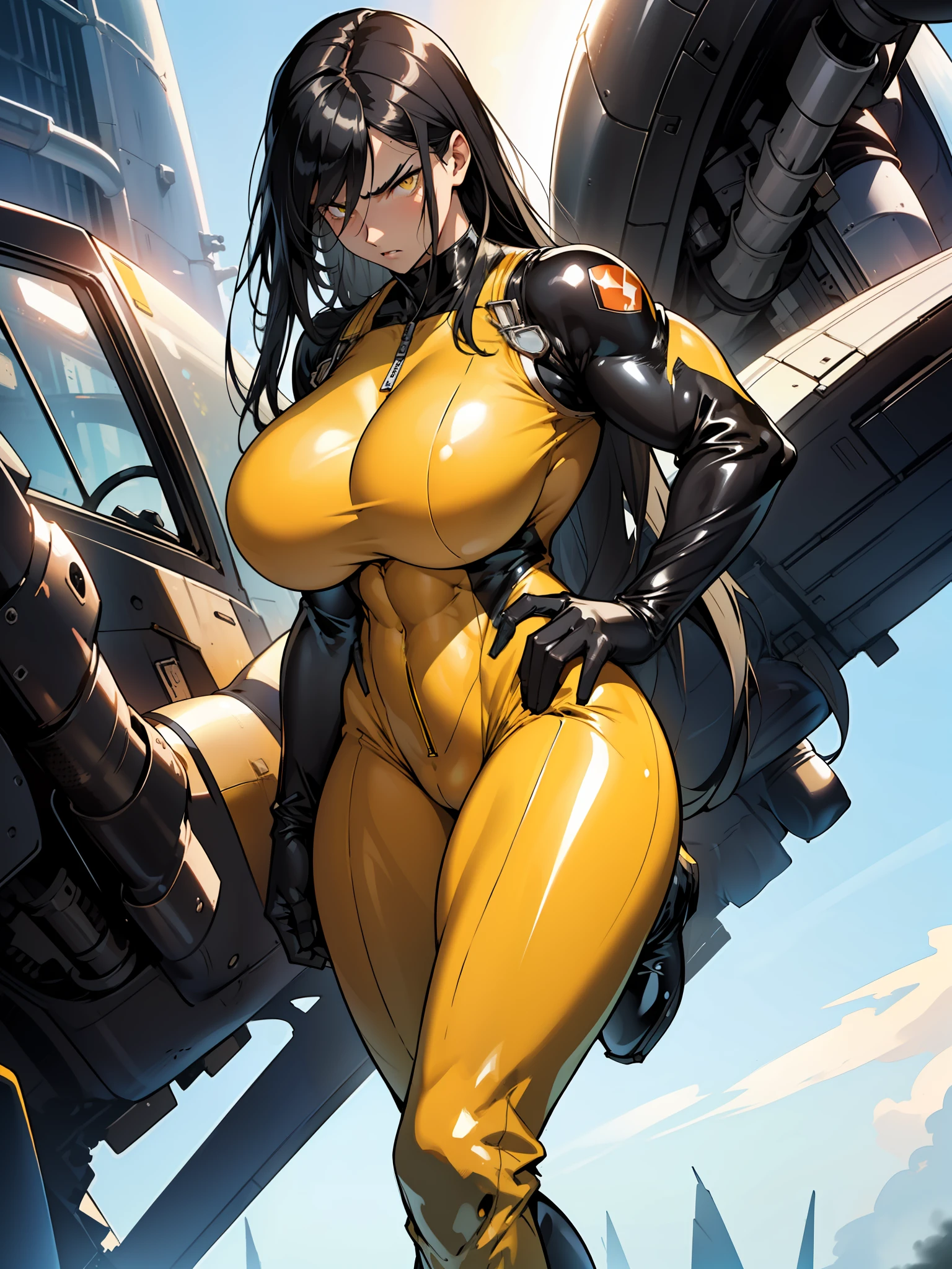 ((1girl)), black hair, (extremely long hair), yellow eyes, (((((muscular))))), (((huge breasts))), ((thick thighs)), solo, angry, (pale skin), sweaty, (shiny skin), (((full bodysuit))), ((pilot suit))