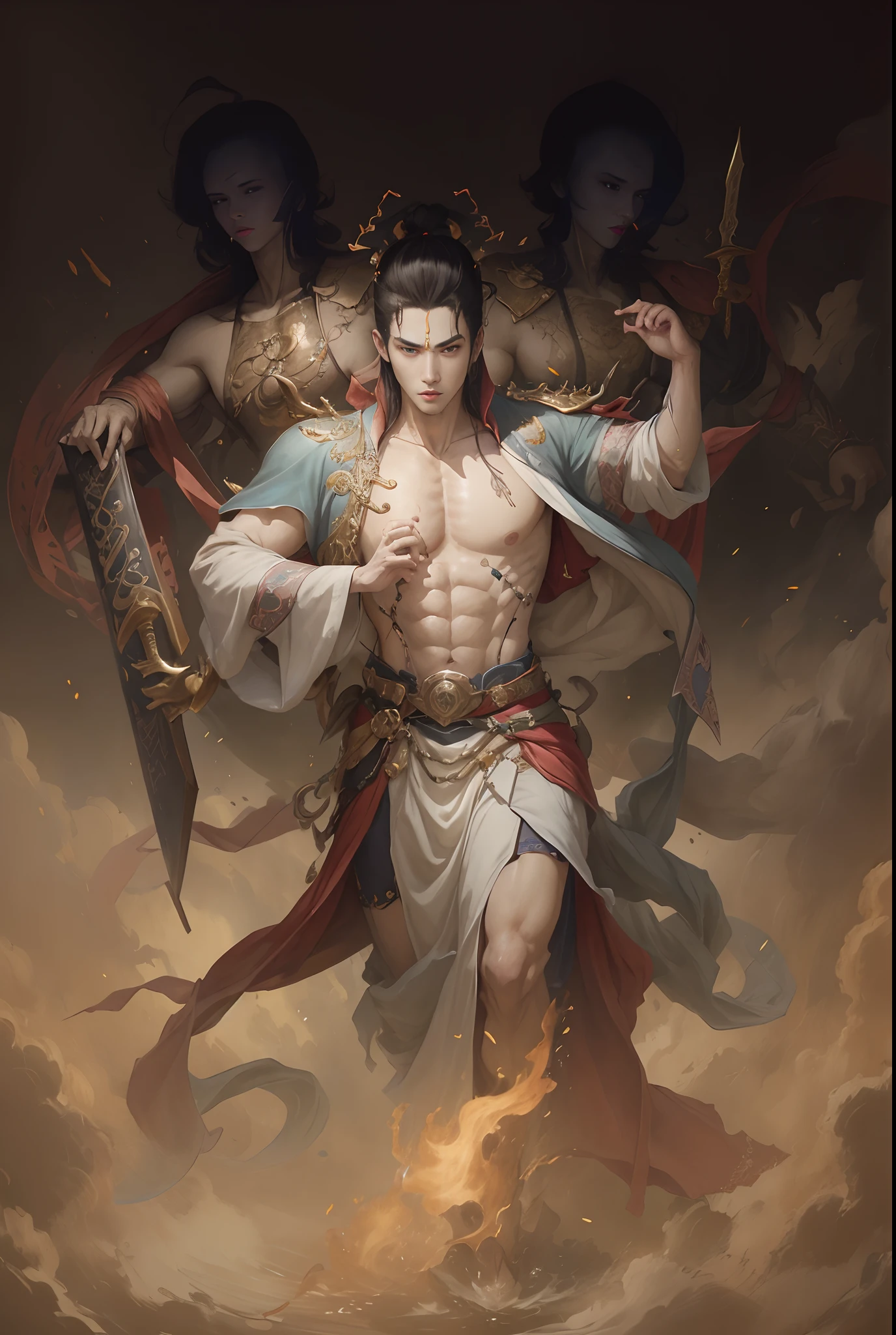 A man，Wu Yifan，Sword in hand，，Exposing the pectoral muscles，mythical character，Moire，floated hair