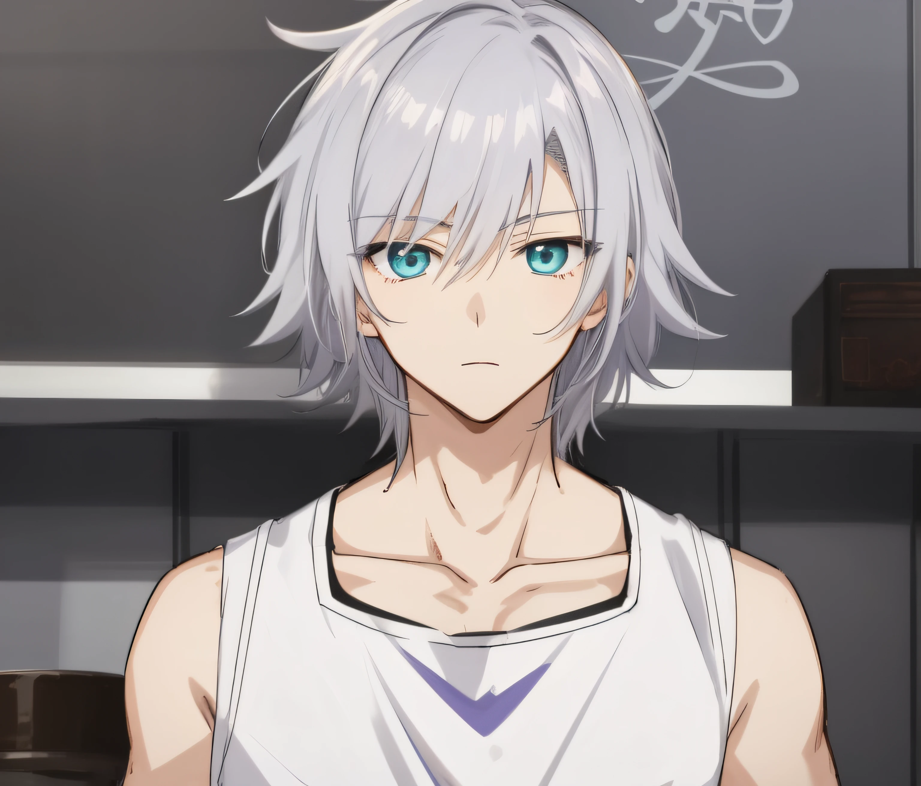 Close-up of someone with a white shirt and purple hair......., Hajime Yatate, Nagisa Kavoru, As an anime character, Neferpitu, Male anime characters, Okata Kazuto......, young anime man, He has dark gray fur......., anime character, Shiro Takatani, Inspired by Okumura Togyu, crazy silver hair