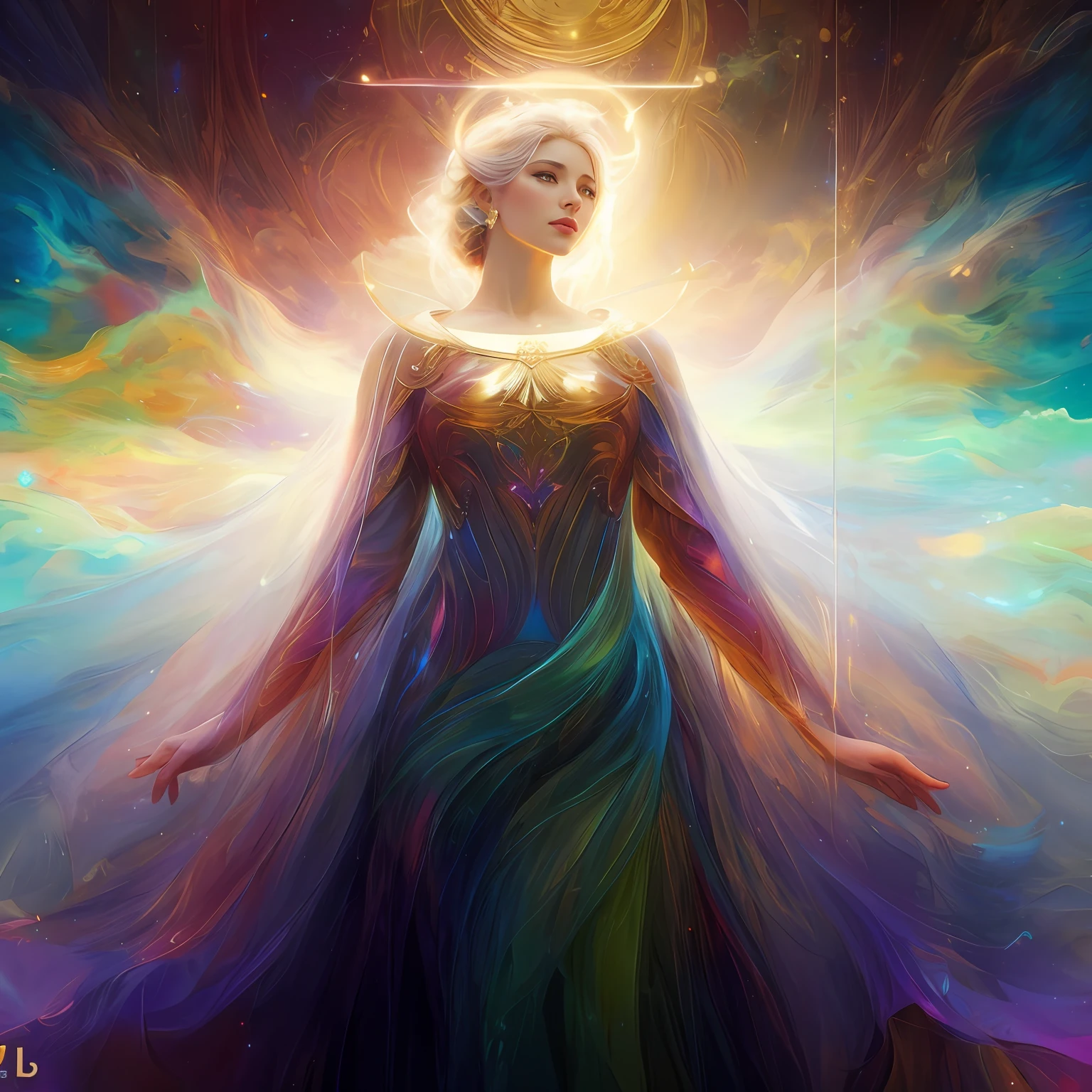 a painting of a woman with a halo above her head, Ethereal Angelic Being of Light, arte de fantasia digital colorida, Artgerm Julie Bell Beeple, bela arte digital, Arte bonita UHD 4K, Directed by: Anton Fadeev, ser angelical brilhante, linda arte digital linda, bela arte digital, a stunning young ethereal figure, arte digital fantasia arte