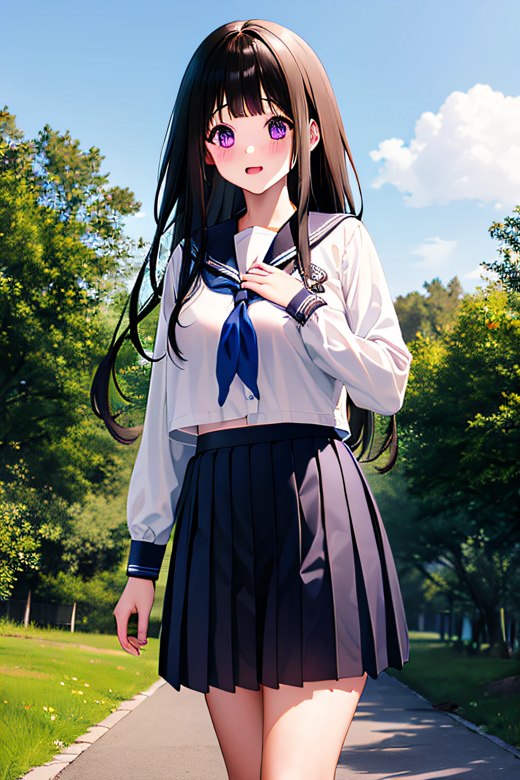 1girl, chitanda eru, long hair, black hair, school uniform, purple eyes, white shirt, white socks, pleated skirt, bangs, black sailor collar, neckerchief, black skirt, long sleeves, outdoors, hand on own chest, embarrassed,