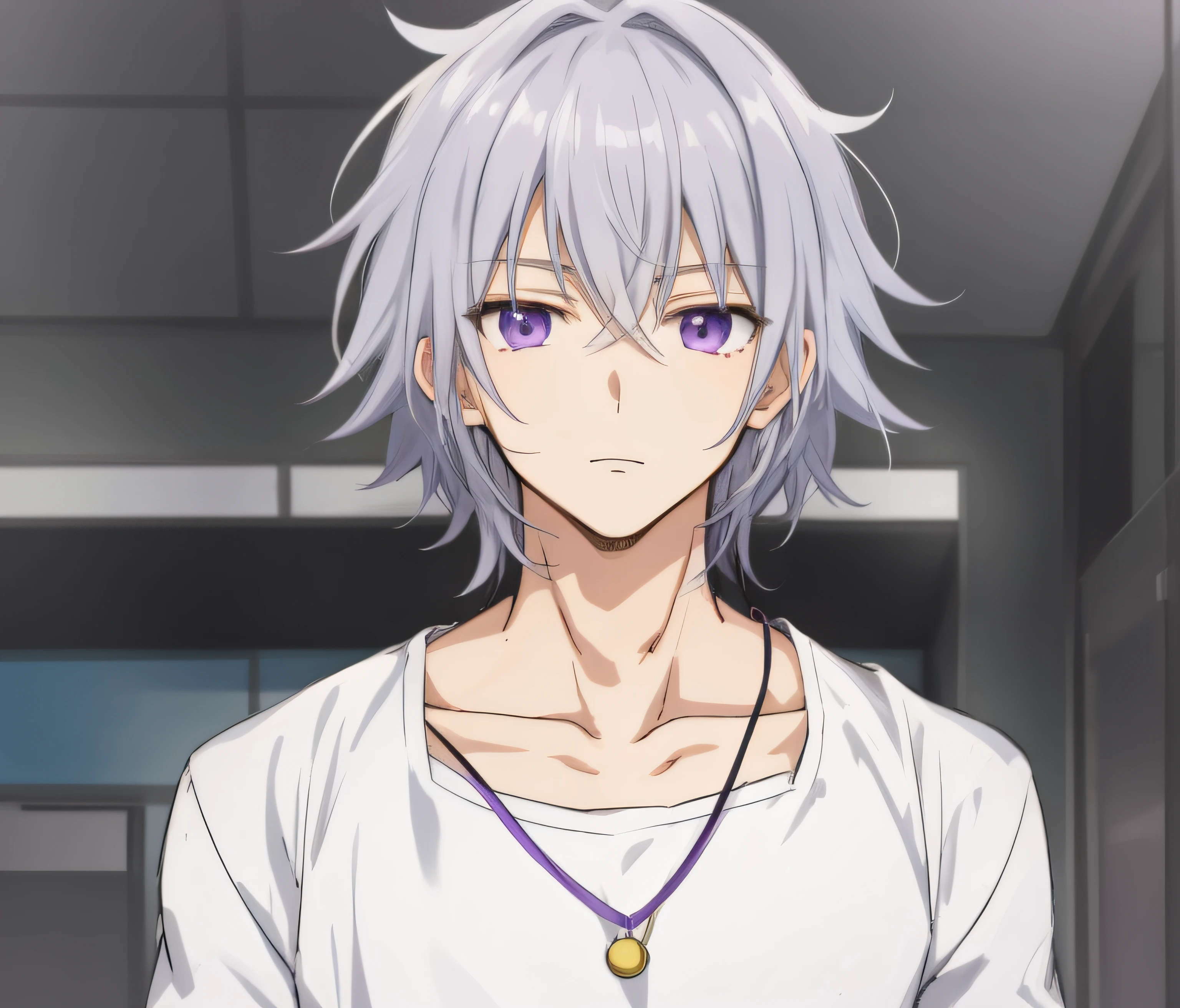 Close-up of someone with a white shirt and purple hair......., Hajime Yatate, Nagisa Kavoru, As an anime character, Neferpitu, Male anime characters, Okata Kazuto......, young anime man, He has dark gray fur......., anime character, Shiro Takatani, Inspired by Okumura Togyu, crazy silver hair