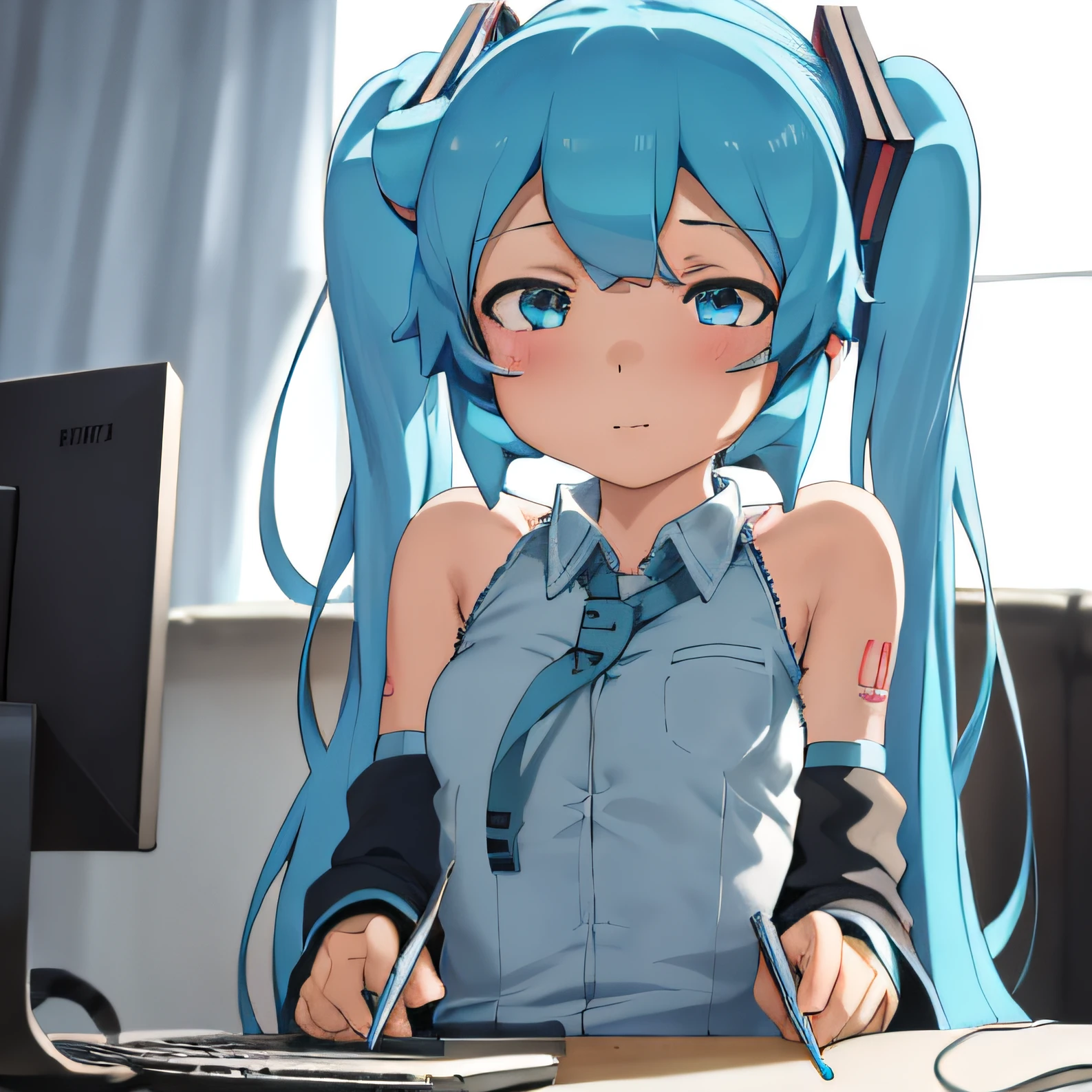 obra maestra, best_quality, 1girl, solo, abmayo, hatsune miku, fondo, escritorio, computadora