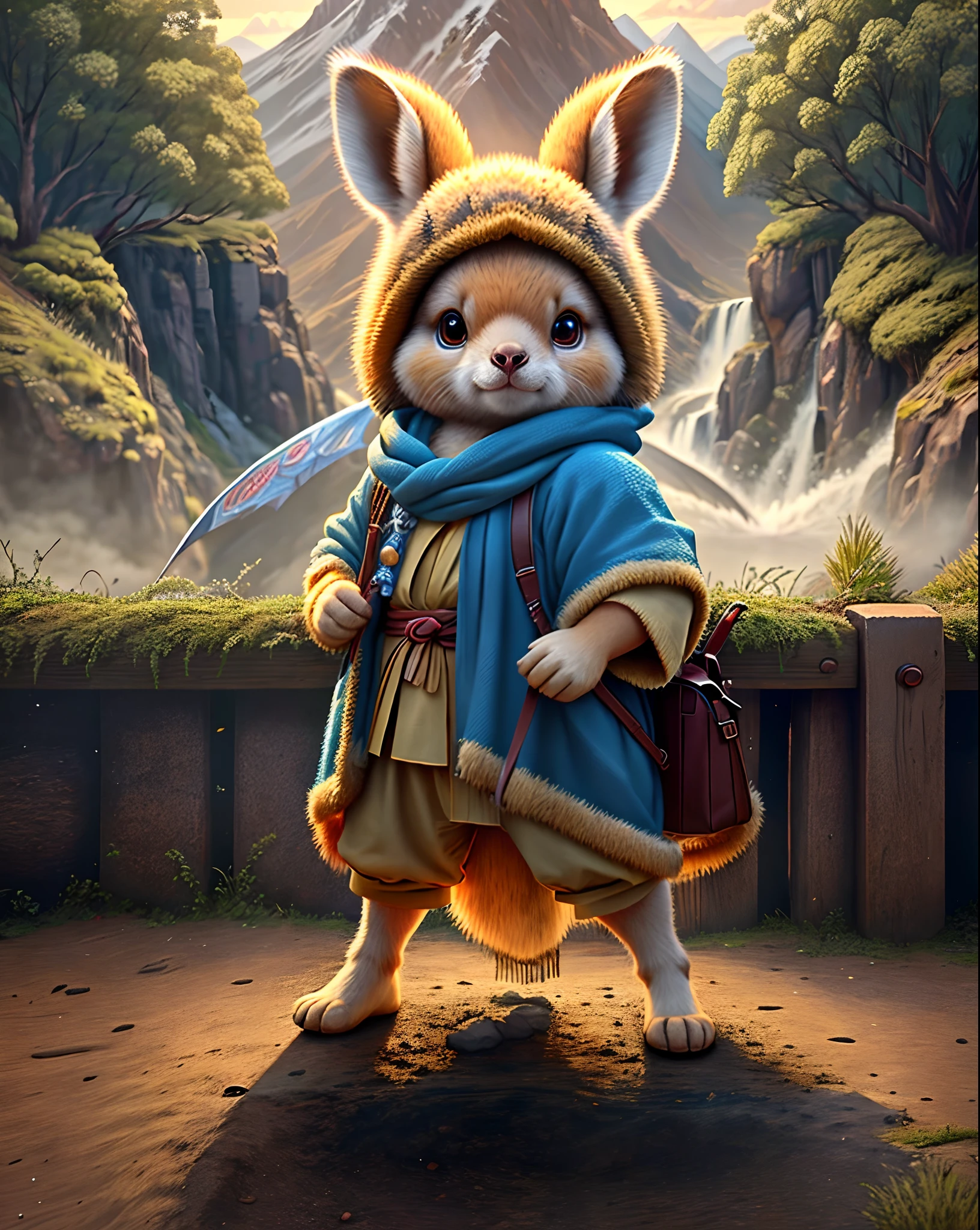 Top image quality、"Create a masterpiece of cute creatures. (kangaroo), high detailing, in 8K、Top image quality、Dressed as a martial artist from Dragon Quest、Holding the Iron Claw in your hand、Glowing mountains in the background々and waterfalls