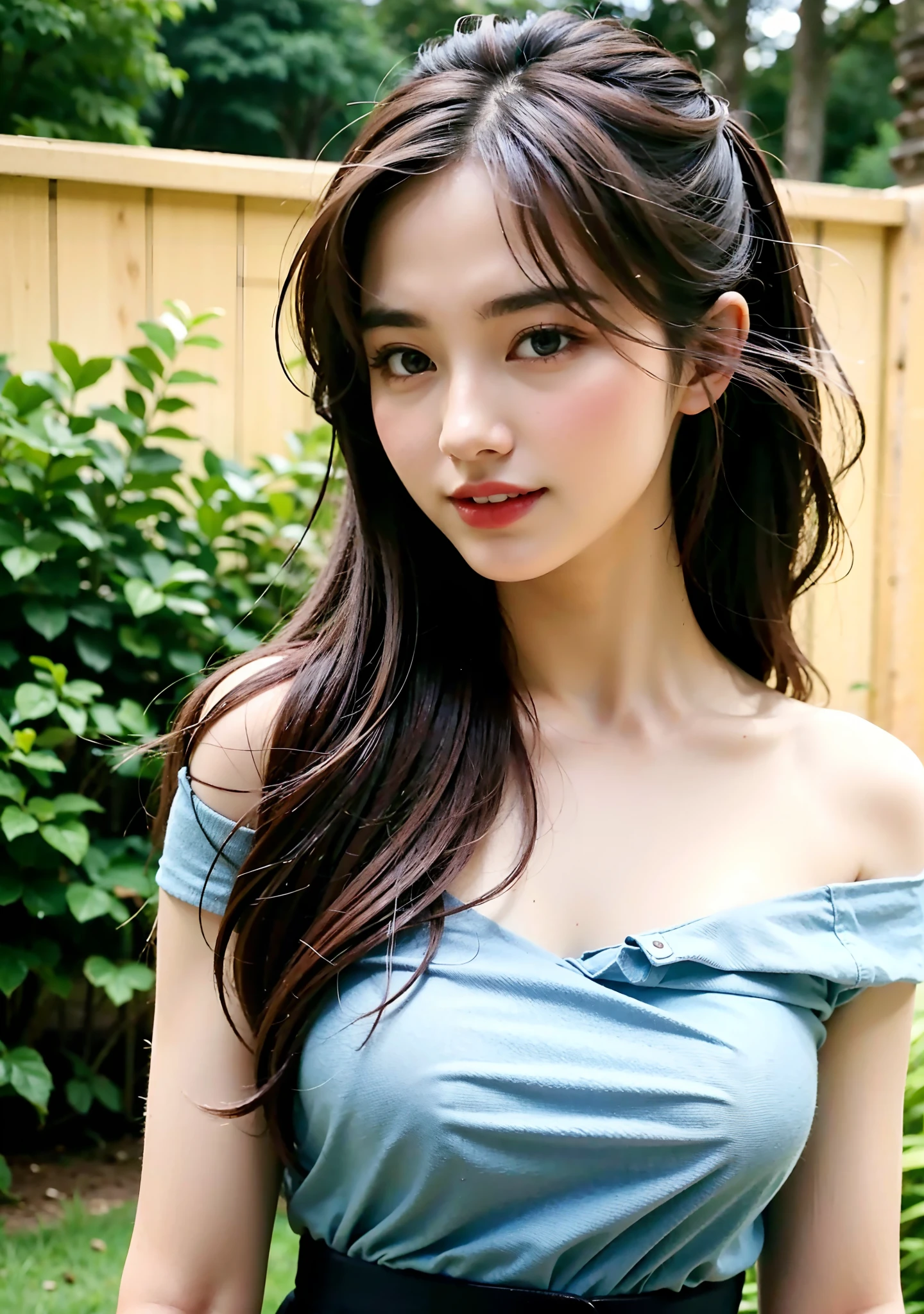 22 year old girl, wearing knee length skirt, light blue top, white skirt, brown hair, 3/4 body, portrait photo, deep of field, f/0.5, 200mm, girly, pretty, detailed skin description, realistic, 1 girl, natural pose, high bun hairstyle, inclined face angle, behind is the cinema, bare shoulder,