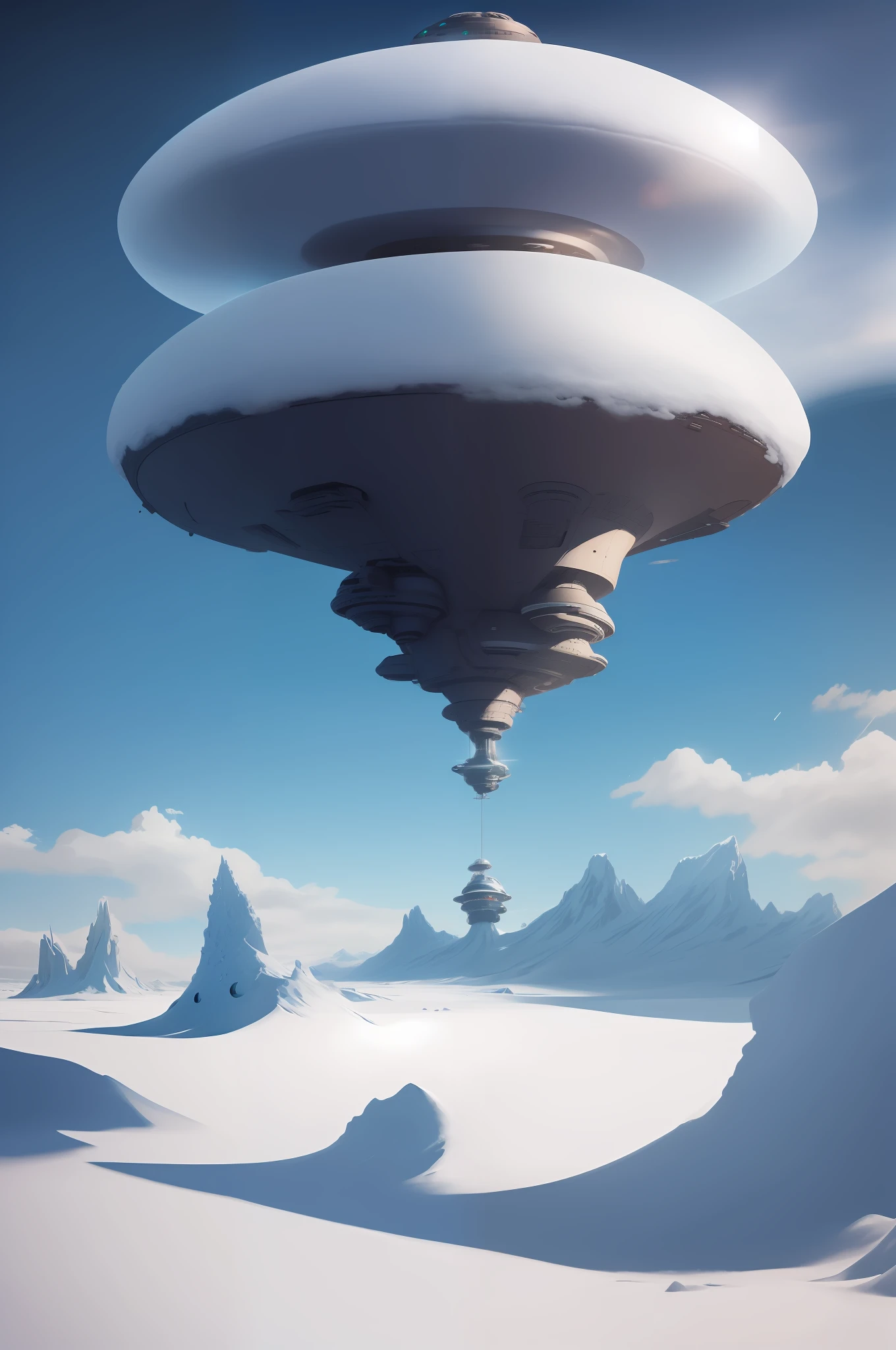 a vast snow field with a massive floating alien spaceship in the sky, masterpiece, high quality