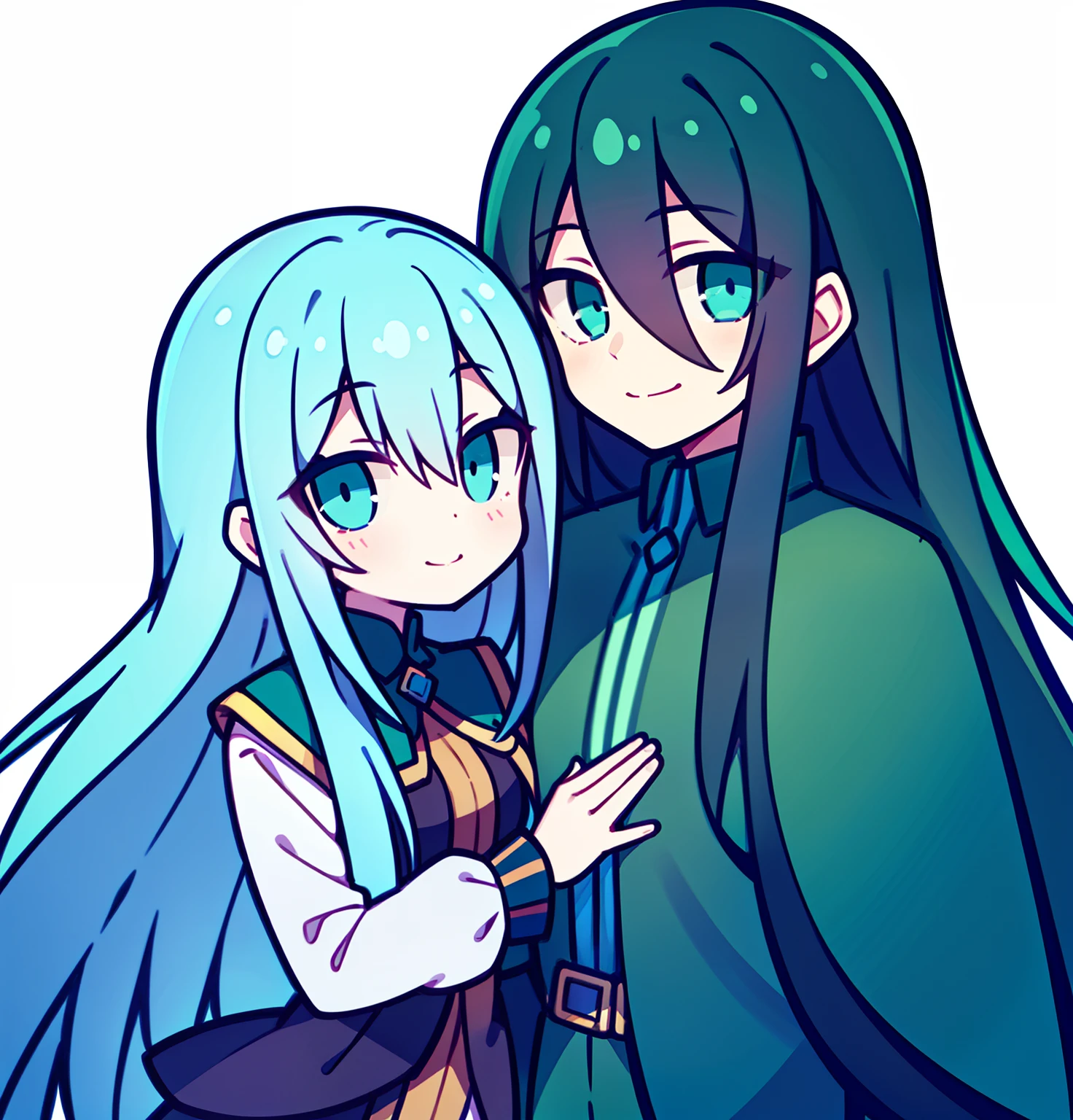 Long black hair,A boy with blue eyes and a girl with long turquoise hair and green eyes,The two smiled slightly,Hair fluttering slightly,Leaning together,Wear a cape,Look at each other