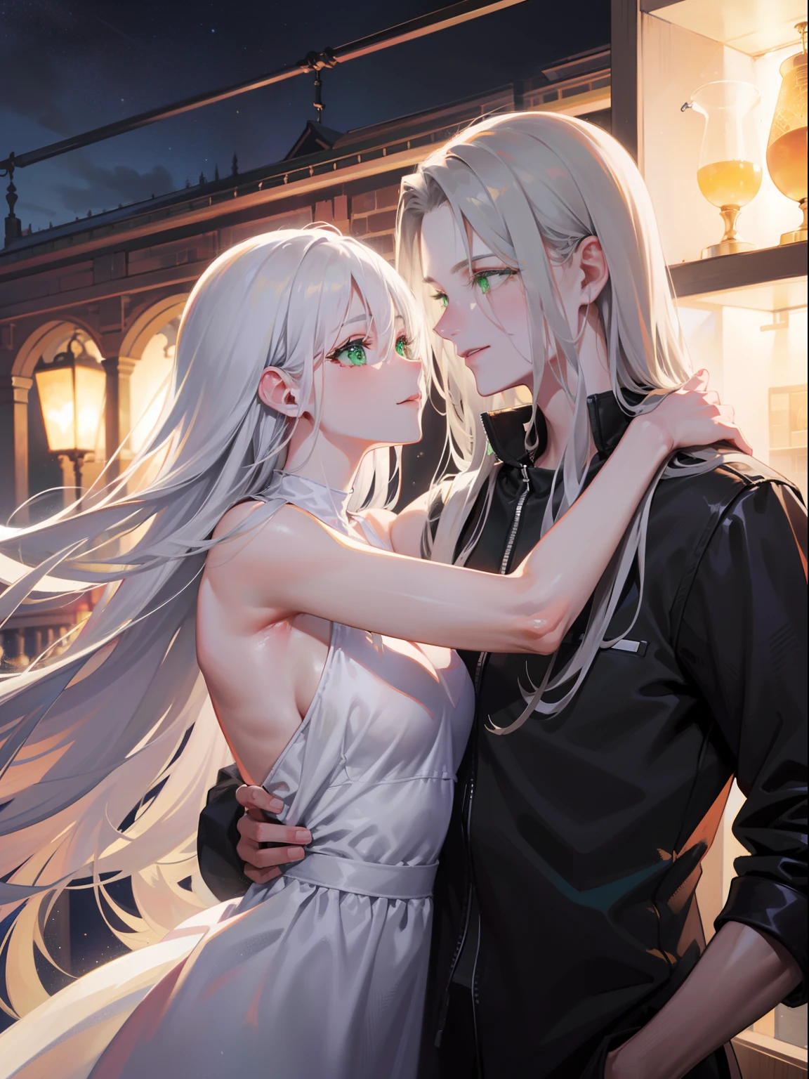 (masterpiece), best quality, ultra high res, sharp focus, ((1 man, 1 woman, couple)), different heights, upper body, medium close up, dutch angle, embraces each other closely, (at the beautiful night time:1.2), in the romantic balcony, look at each other, smiles to each other

Sephiroth, male, tall, silver white hair, long hair, (perfect muscular body, perfect masculine face:1.2), ((perfect shape eyes, green cat eyes))

female, short, chestnut brown hair, short hair, (perfect feminine face, perfect hourglass body:1.2), ((perfect shape eyes, green eyes))