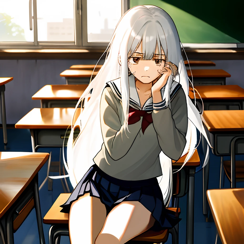 long whitr hair，girl wearing school uniform，Superskirt，white color hair，looks away，Sit and open your crotch，embarressed，Be red in the face，weeping，Keep one's mouth shut，‎Classroom（Girl leaking urine）Hands in the press