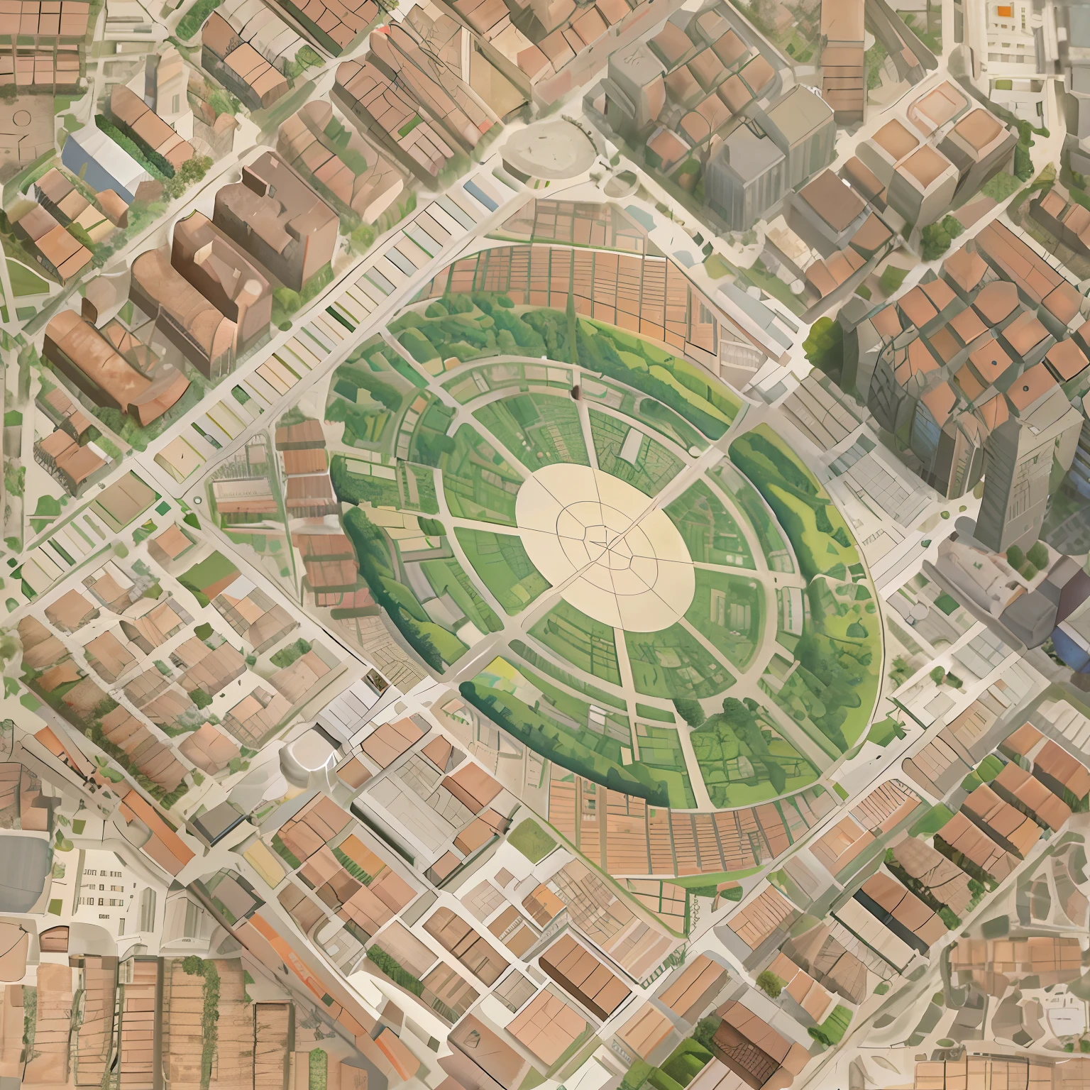 melhorar qualidade de imagem, melhorar qualidade de mapa, an aerial view of a circular garden in a city, aerial illustration, Parks and Public Space, isometric aerial view, cidade em camadas expansiva e detalhada, aerial view of a city, isometric map, cidade detalhada, Utopia Solarpunk do Centro, planeamento urbano, bird's eye view of a city, isometric vision, Sunken Square, Directed by: Artur Tarnowski