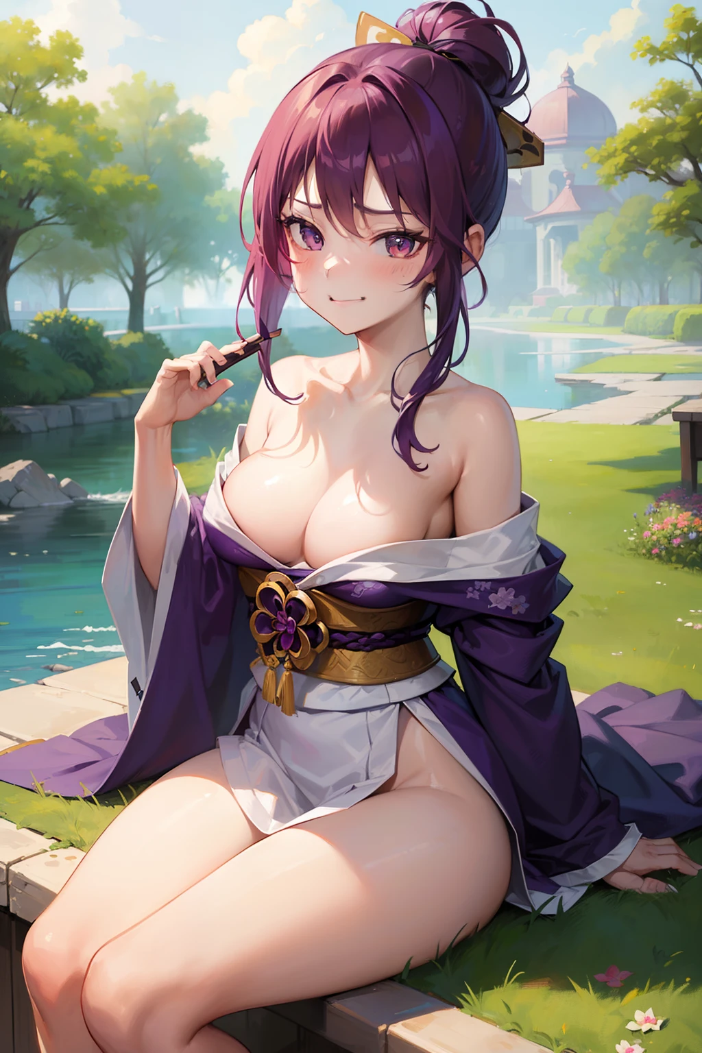 (best quality:1.1), (masterpiece:1.2), portrait, 1girl, yuzuriha_(jigokuraku), purple hair, brown eyes, ninja, open clothes, cleavage, small breasts, topknot, medium hair, breasts apart, white obi, smirk, outdoors, (blush:1.1), flowers (NSFW 1.5)