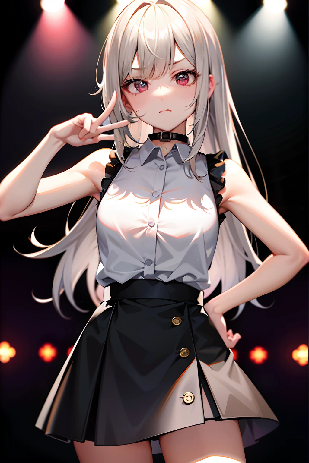 Best Picture Quality,超高分辨率,A age girl,sleeveless white button shirt,a black skirt,Black collar,adolable,Kpop idol,Pouting eye bags,Platinum blonde hair,puffy eye,facing to audience,full bodyesbian。