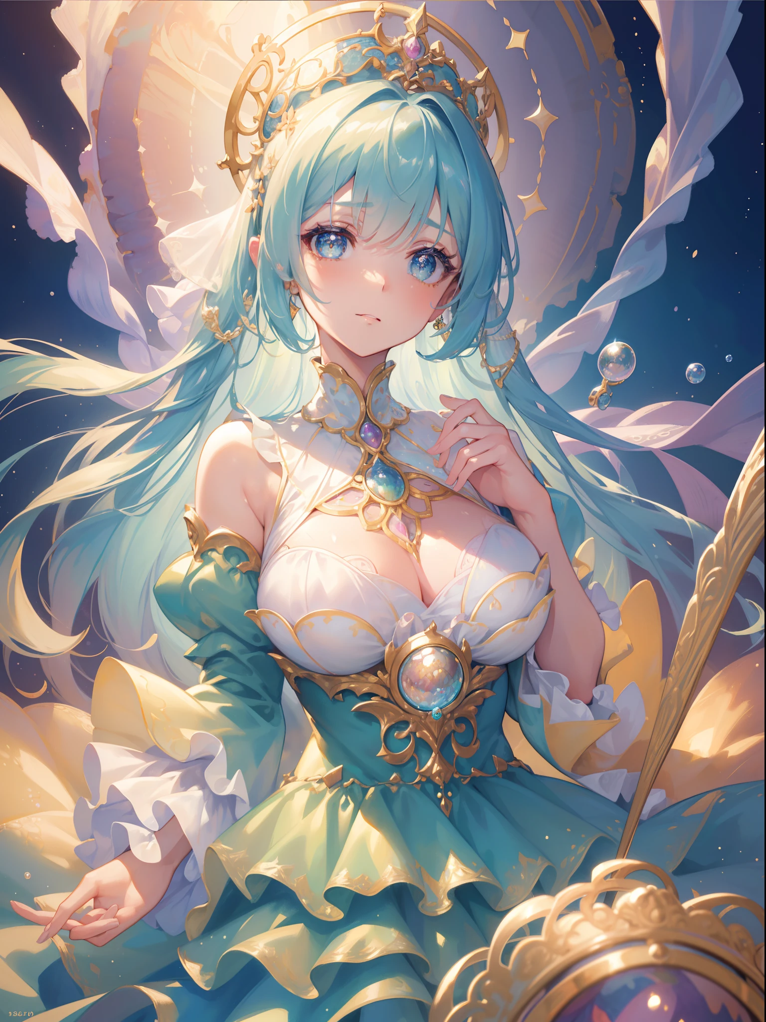 masterpiece, best quality, 8k resolution, sharp focus, intricate detail, beautiful girl, sparkling eyes, golden ratio face, otherworldly liquid, watercolor, pastel colors, bright colors, whimsical, colorful, sharp focus, high resolution, fine detail, ((layered tiered puffy long sleeves ballgown)), ((round eyes)), iridescent bubbles, fantasia background