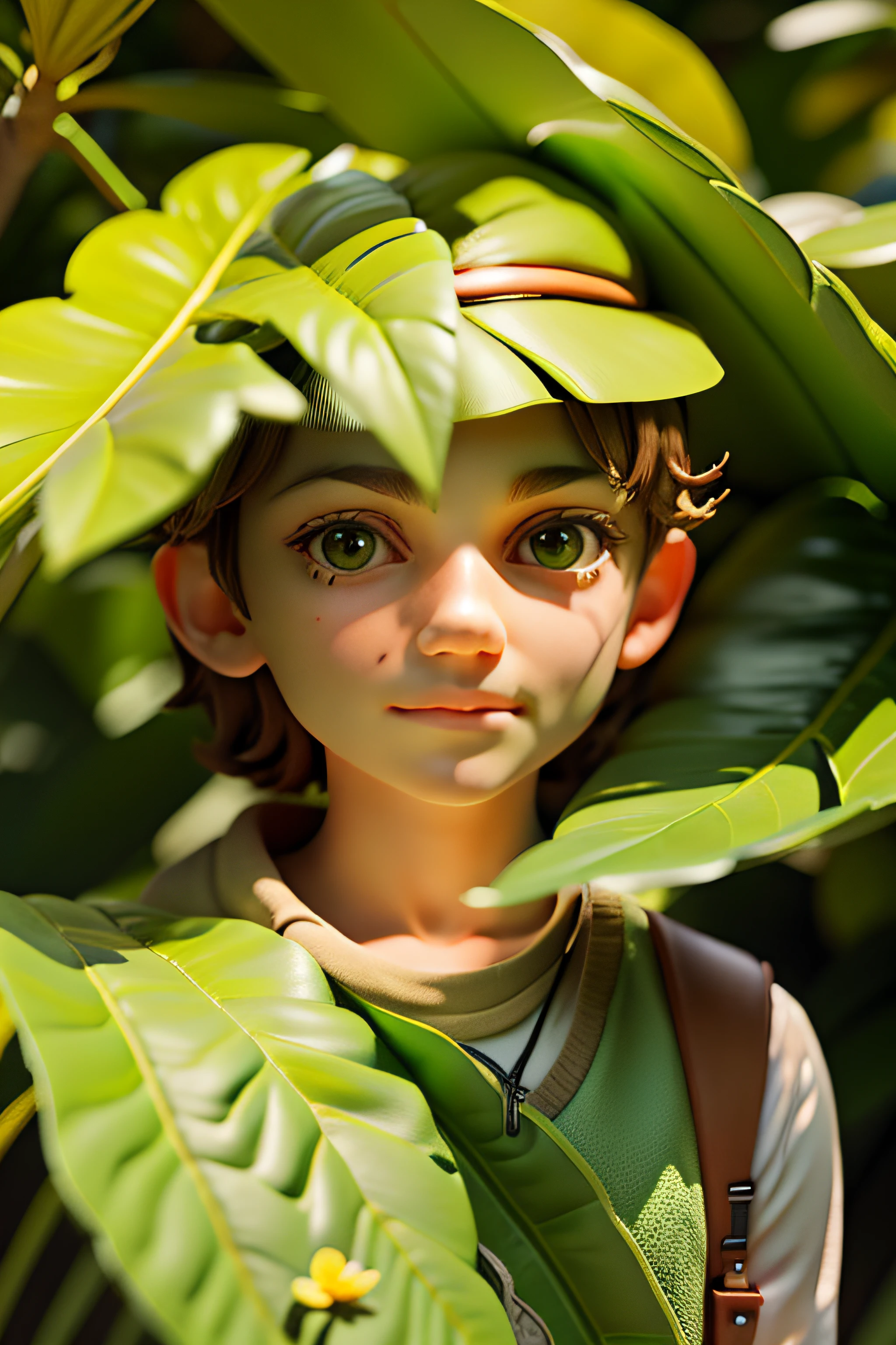 green leaf,jungles,critters, Flowers, Birds,boy,A boy's face emerged from the leaves,(Highest image quality), (The work of the master), (Hyper-detailing), (eye detailed: 1.0), (light flare lens: 1.0), (filmposter: 1.0), (unwind, downy :1.2), (Light beauty details:1.0),(ssmile:1.0) ,
