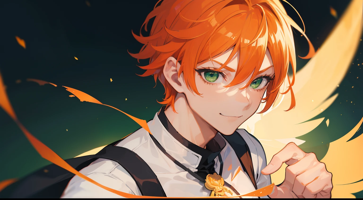 ((((One guy)))),Fighting、A smile,(((Guy))), (((man))), (((Man's))),(((masutepiece))), (((Beautiful lighting))),(((muscular))),(((man))),),(((Green eyes))),(((Orange hair))), Male face,male eyebrows, Male Eyes, Eyelashes, Medium Hair,Beautiful face, v shaped_eyebrow,White skin,Transparent wings,Chinese_Clothes,(((Black clothes,)))garters_lanyard, See-through,The light of the Buddha shines, holy,