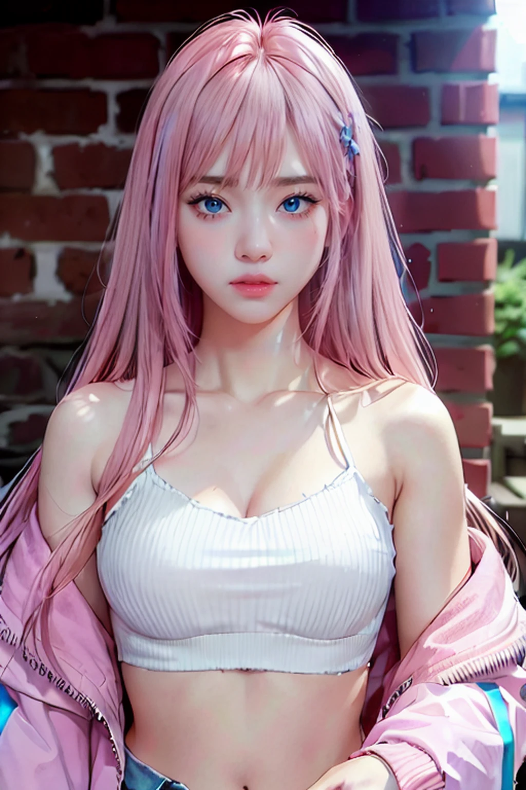 best quality, upper body,intricate details, chromatic aberration,1girl,bangs, long hair, pink hair, layered hair, cinematic lighting, korean makeup, blue eyes,sharp eyes,white croptop, torn jeans legwear,pink clothes, open pink jacket,against wall, brick wall, graffiti, dim lighting, alley,lora:kayes