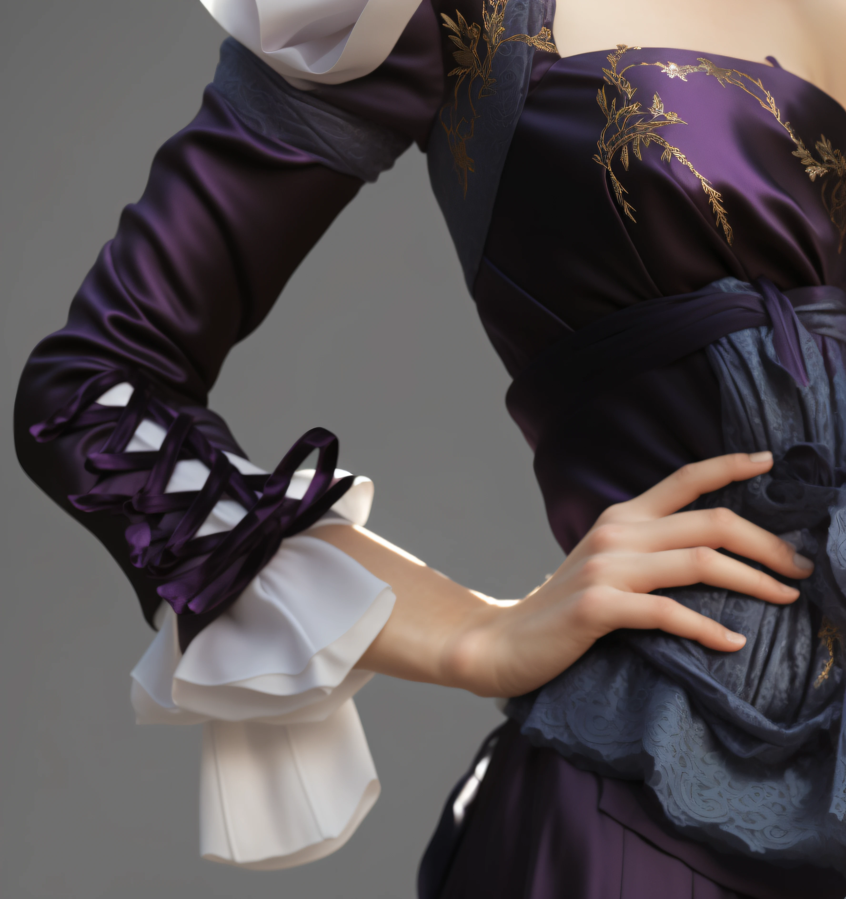 Purple silk clothes with crisscross knots on the sleeves, like the crisscross knots of shoelaces, and white folds at the cuffs, bloom, ((cold light)), sharp focus, photo realistic, detailed skin, background out of focus, cinematic composition , ultra-detailed, realistic , hyper-realistic , volumetric lighting, 8k, trending on artstation