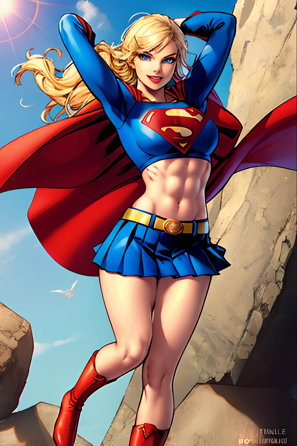 jim lee,
1girl, supergirl, sky, abs, arms up, belt, belt buckle, blonde hair, blue eyes, blue skirt, boots, breasts, buckle, cape, crop top, day, emblem, eyelashes, flying, gold belt, gold trim, impossible clothes, impossible shirt, large breasts, long hair, long sleeves, looking at viewer, microskirt, midriff, navel, nose, outdoors, parted lips, pleated skirt, red cape, red footwear, rock, shadow, shirt, skirt, smile, solo, superhero, toned, watermark, yellow belt
, ((masterpiece))