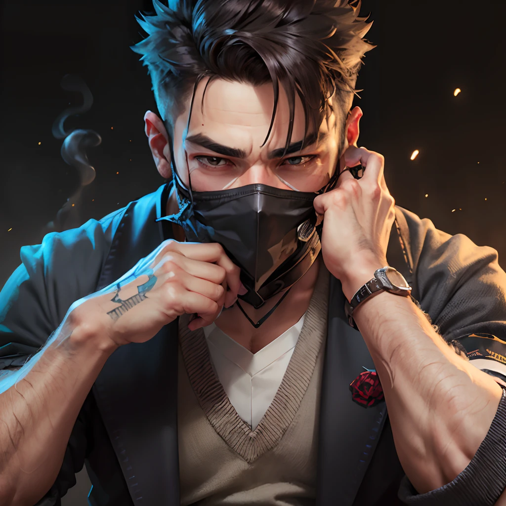 A handsome men with hide face by hand