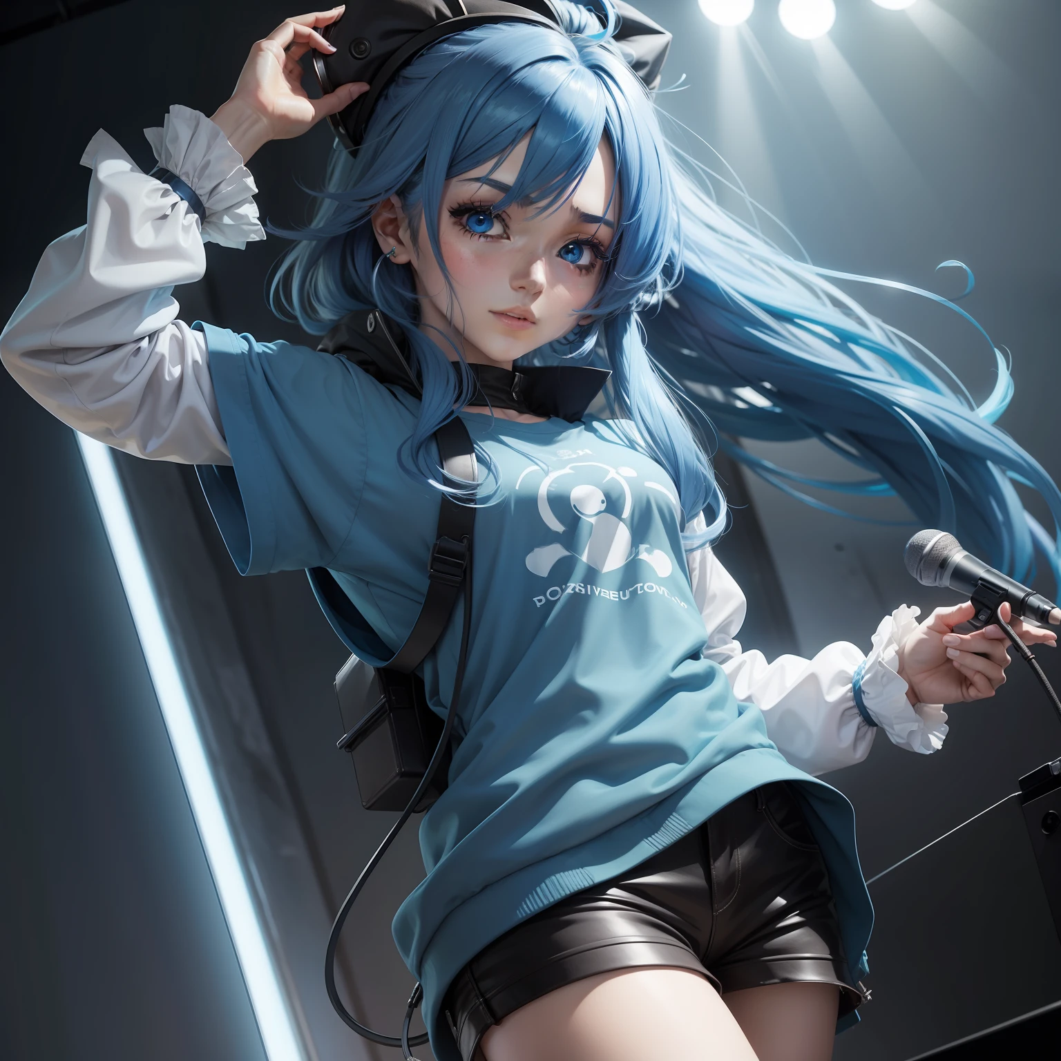 Personagem de anime, 2d, cantora com microfone, cabelo longo, azul, ultra detalhado, colorido