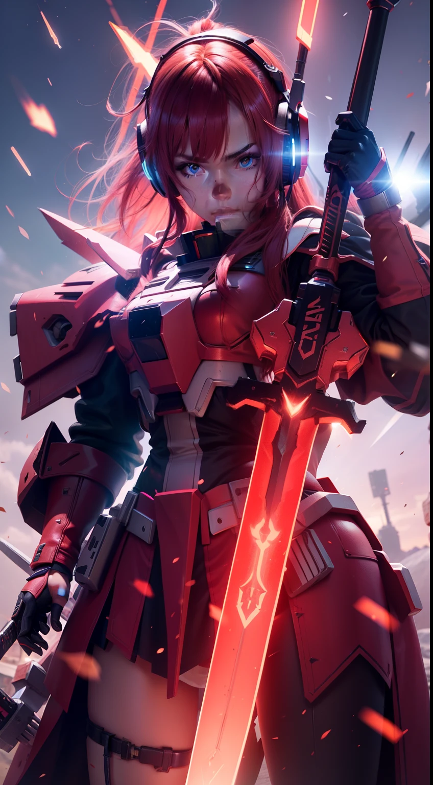 3d, background detail, body neon detail, sword detail, Gundam, headphones, female,red hair, long hair