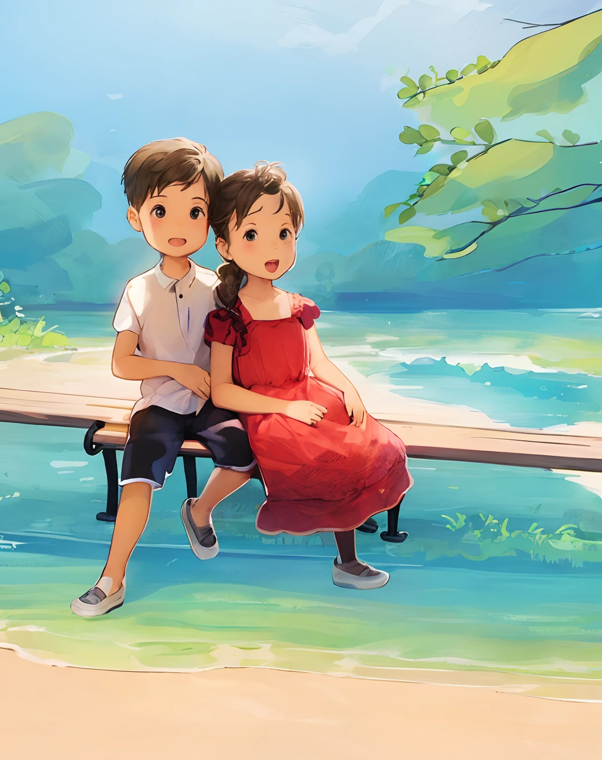 there are two children sitting on a bench near the water, children illustration, childrens illustration, childrenbook illustration,