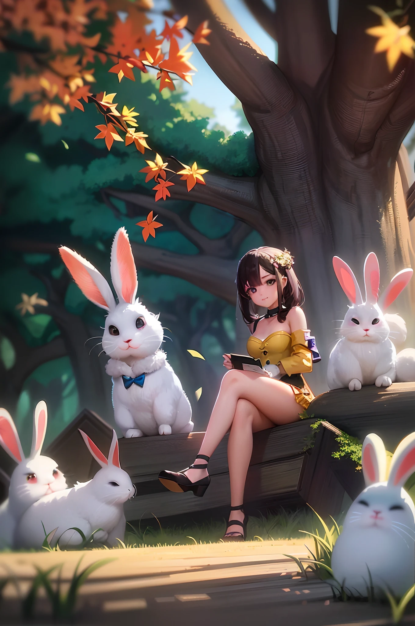 There was a girl sitting in a tree,There are rabbits in the grass, a forest with bunnies, Guviz-style artwork, Ross Tran 8 K, Fantasy art style, adorable digital art, style of anime4 K, lovely digital painting, Anime art wallpaper 4k, Anime art wallpaper 4 K, Anime art wallpaper 8 K, Cute detailed digital art