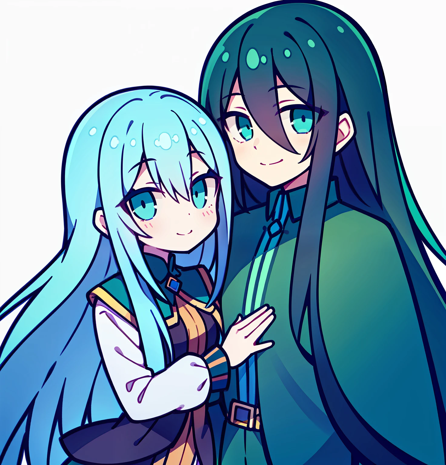 Long black hair,A boy with blue eyes and a girl with long turquoise hair and green eyes,The two smiled slightly,Hair fluttering slightly,Leaning together,Wear a cape,Look at each other