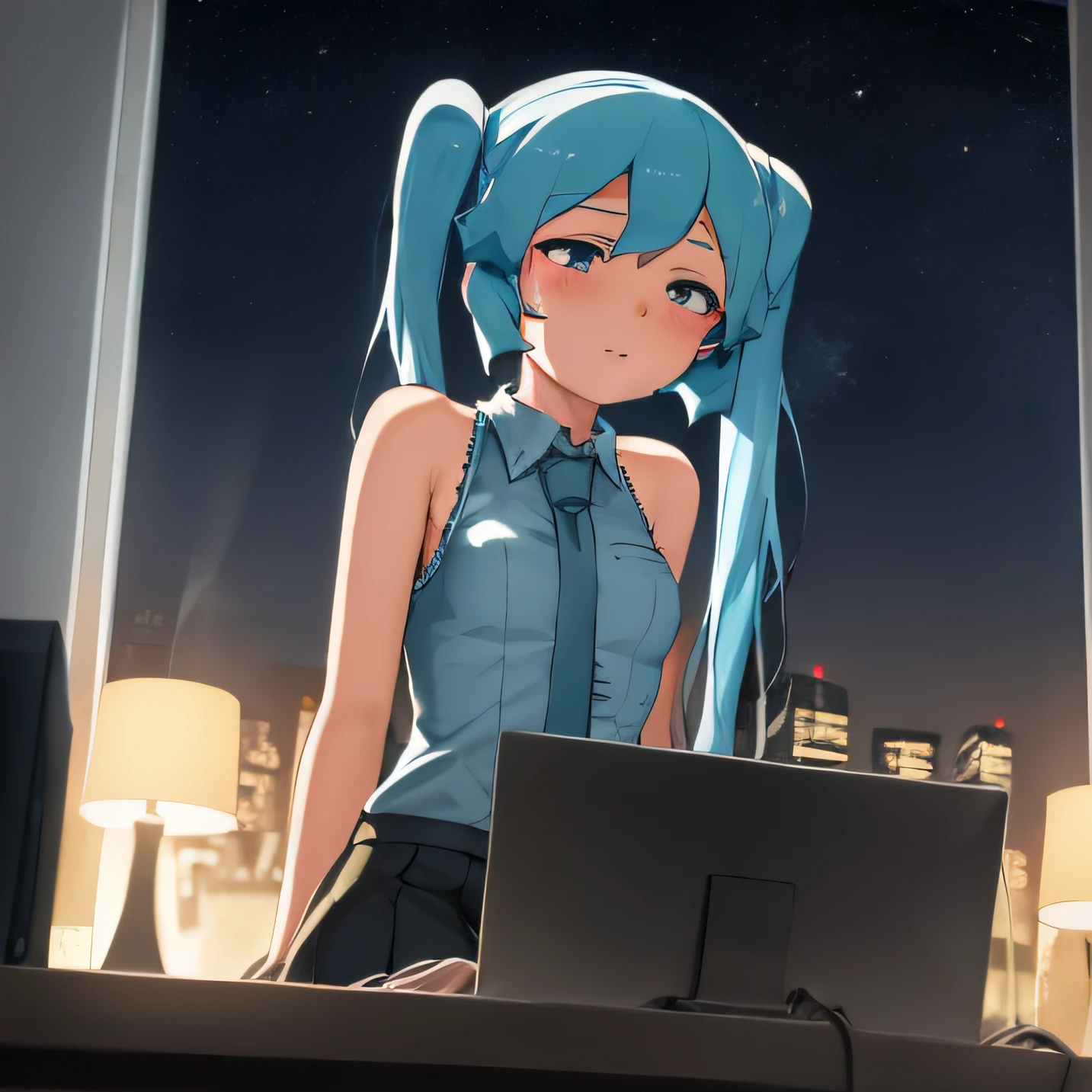 obra maestra, best_quality, 1girl, solo, abmayo, hatsune miku, fondo, escritorio, computadora, noche