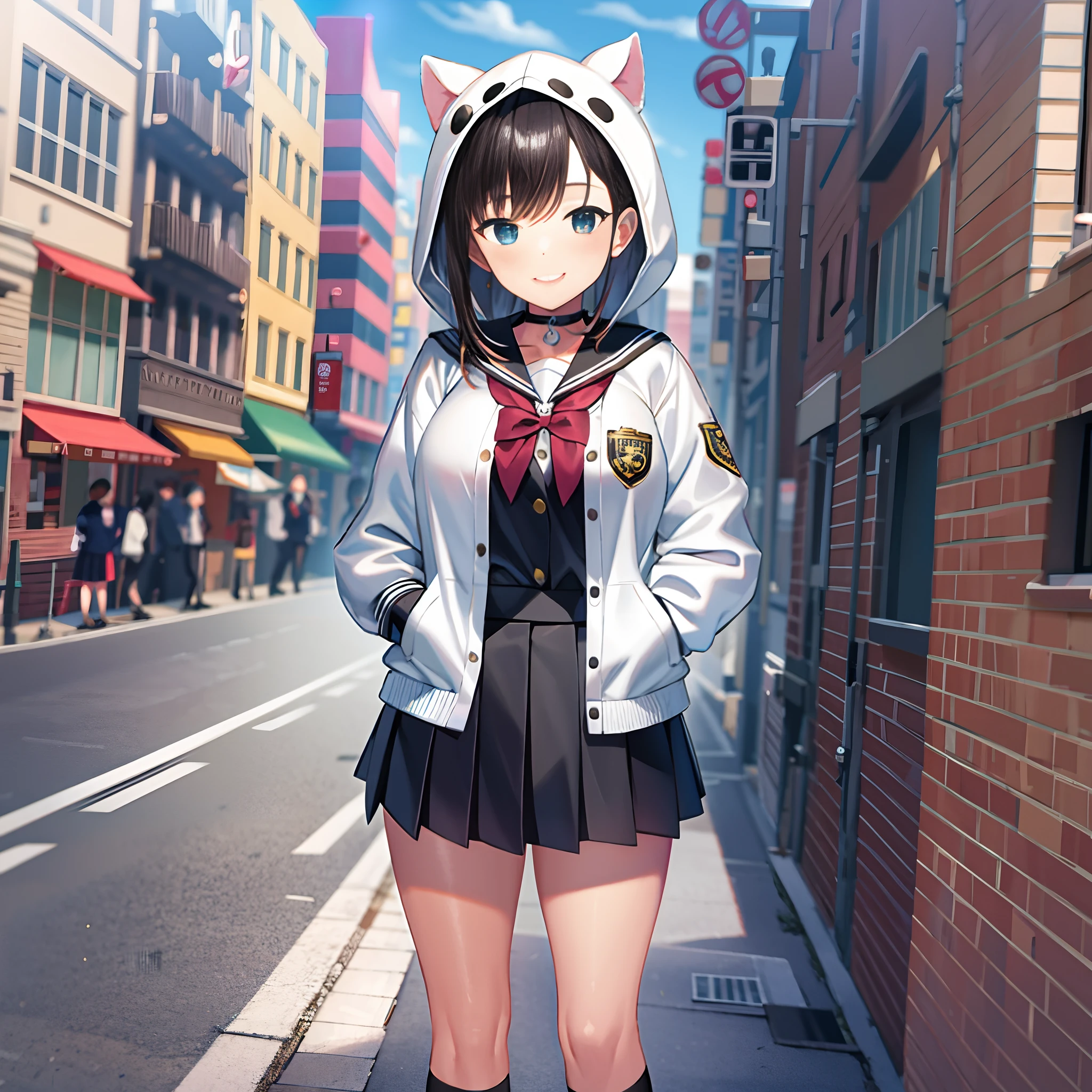 1girll, , Two legs, Two hands, Bigger than the building, White jacket, Animal hood, White socks, Open jacket, Pleated skirt, Black skirt, Black sailor collar, Black choker, school uniform, Black shirt, puffy long sleeves, standing, Smile, cheerfulness, Naughty, Anatomically correct, Textured skin, GTSCity