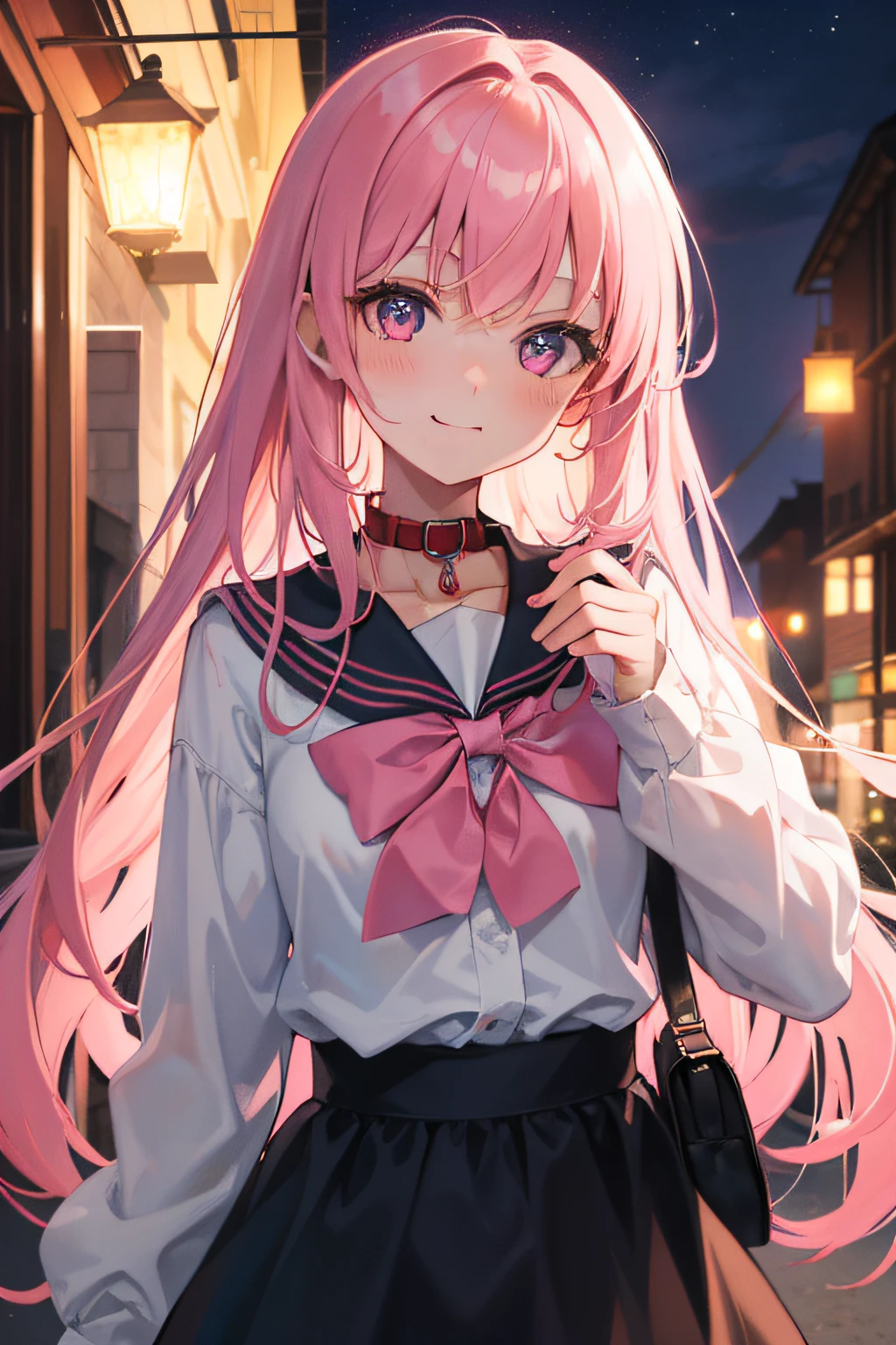 8K, Best Quality, (Masterpiece: 1.2) , Super Detail, 1 Girl, Cute, Indie, Beautiful Details Sky, Night Sky, Evening, (Nose Red) , Sweet Smile, (Smile: 1.15) , (Shut Up) Small Tits, Small Beautiful Detail Eyes, (Collar Shirt: 1.1) , Night, Sailorfuku, Black Sailorfuku, Long Hair, Pink Hair, Straight Hair, Pink Eyes, Holding Lantern, Bandaged around the neck