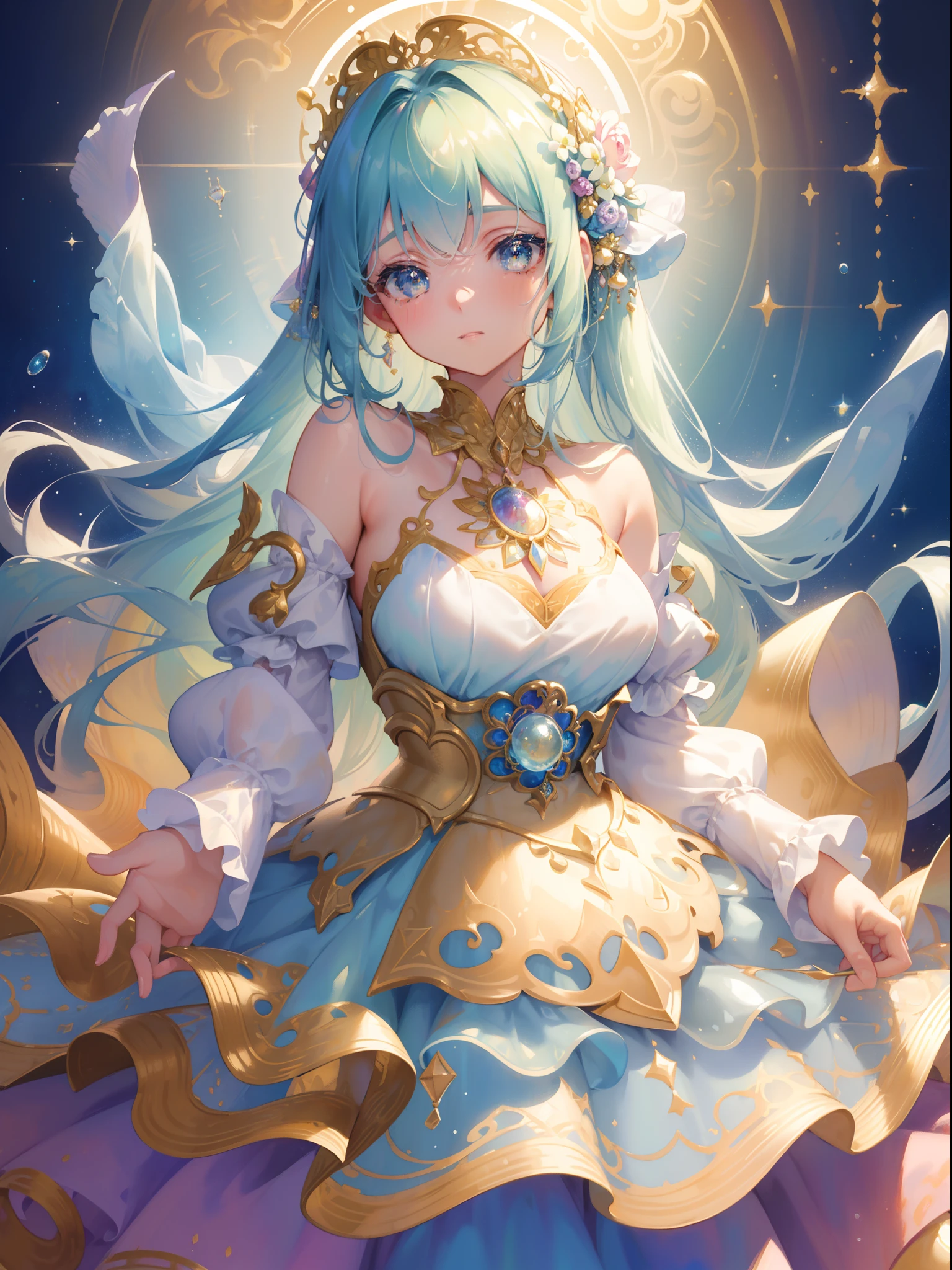 masterpiece, best quality, 8k resolution, sharp focus, intricate detail, beautiful girl, sparkling eyes, golden ratio face, otherworldly liquid, watercolor, pastel colors, bright colors, whimsical, colorful, sharp focus, high resolution, fine detail, ((layered tiered puffy long sleeves ballgown)), ((round eyes)), iridescent bubbles, fantasia background
