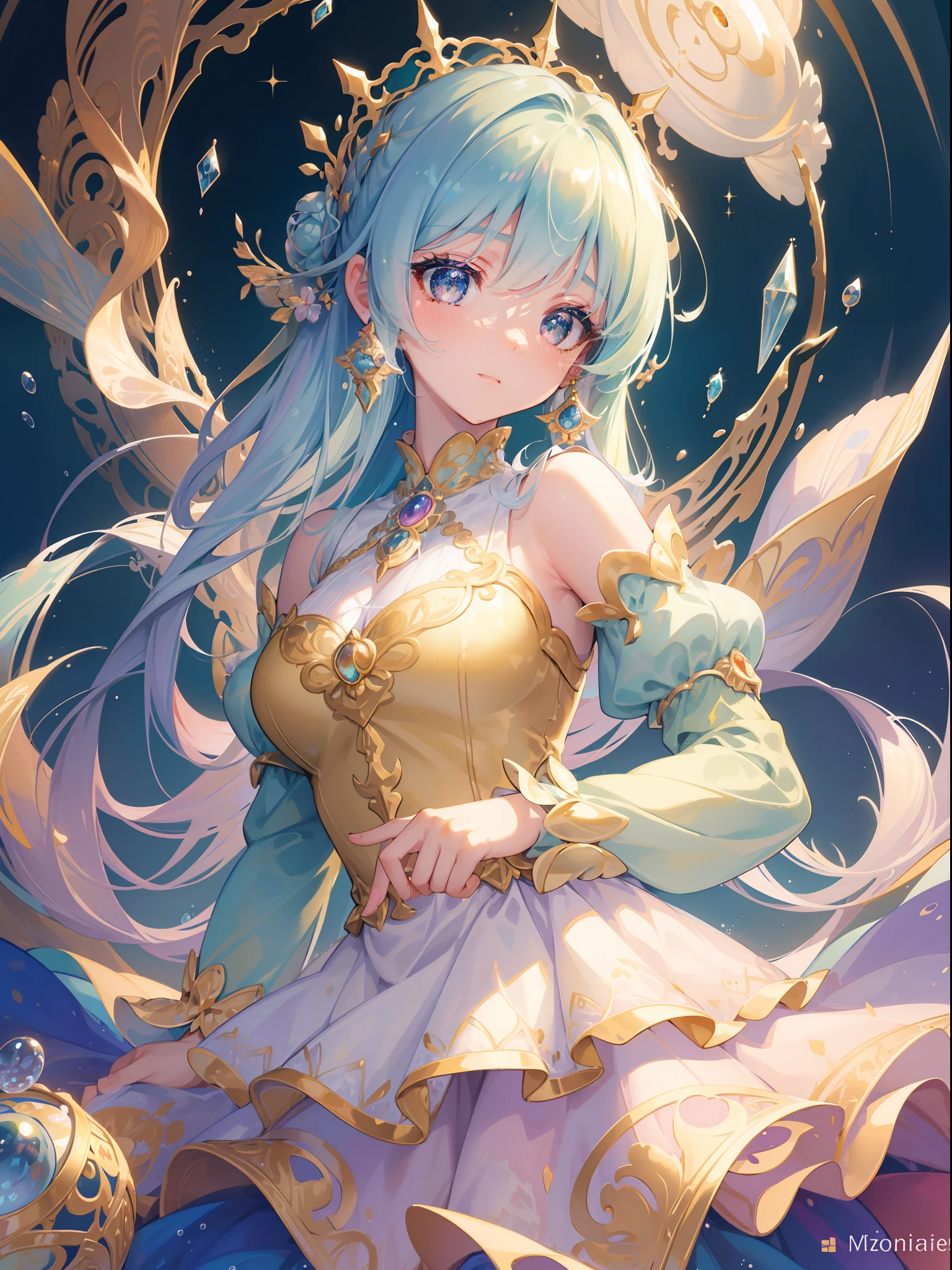 masterpiece, best quality, 8k resolution, sharp focus, intricate detail, beautiful girl, sparkling eyes, golden ratio face, otherworldly liquid, watercolor, pastel colors, bright colors, whimsical, colorful, sharp focus, high resolution, fine detail, ((layered tiered puffy long sleeves ballgown)), ((round eyes)), iridescent bubbles, fantasia background