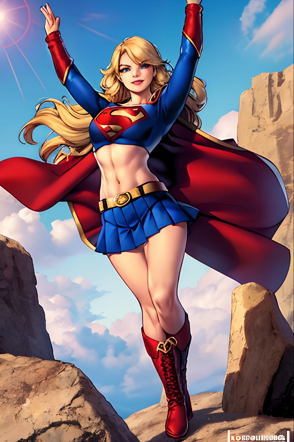 jim lee,
1girl, supergirl, sky, abs, arms up, belt, belt buckle, blonde hair, blue eyes, blue skirt, boots, breasts, buckle, cape, crop top, day, emblem, eyelashes, flying, gold belt, gold trim, impossible clothes, impossible shirt, large breasts, long hair, long sleeves, looking at viewer, microskirt, midriff, navel, nose, outdoors, parted lips, pleated skirt, red cape, red footwear, rock, shadow, shirt, skirt, smile, solo, superhero, toned, watermark, yellow belt
, ((masterpiece))