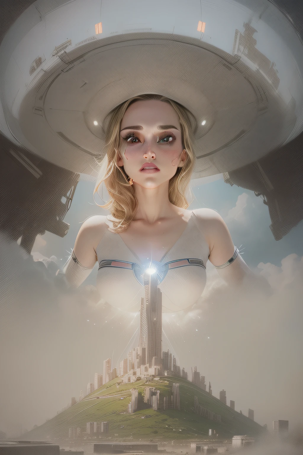 Natalie Portman, 1girl, supergirl, portal vazio, Gigantic alien mothership in the sky, vista traseira, chuva, obra-prima, trending on art station, motor irreal, trending on deviantart, nsfw