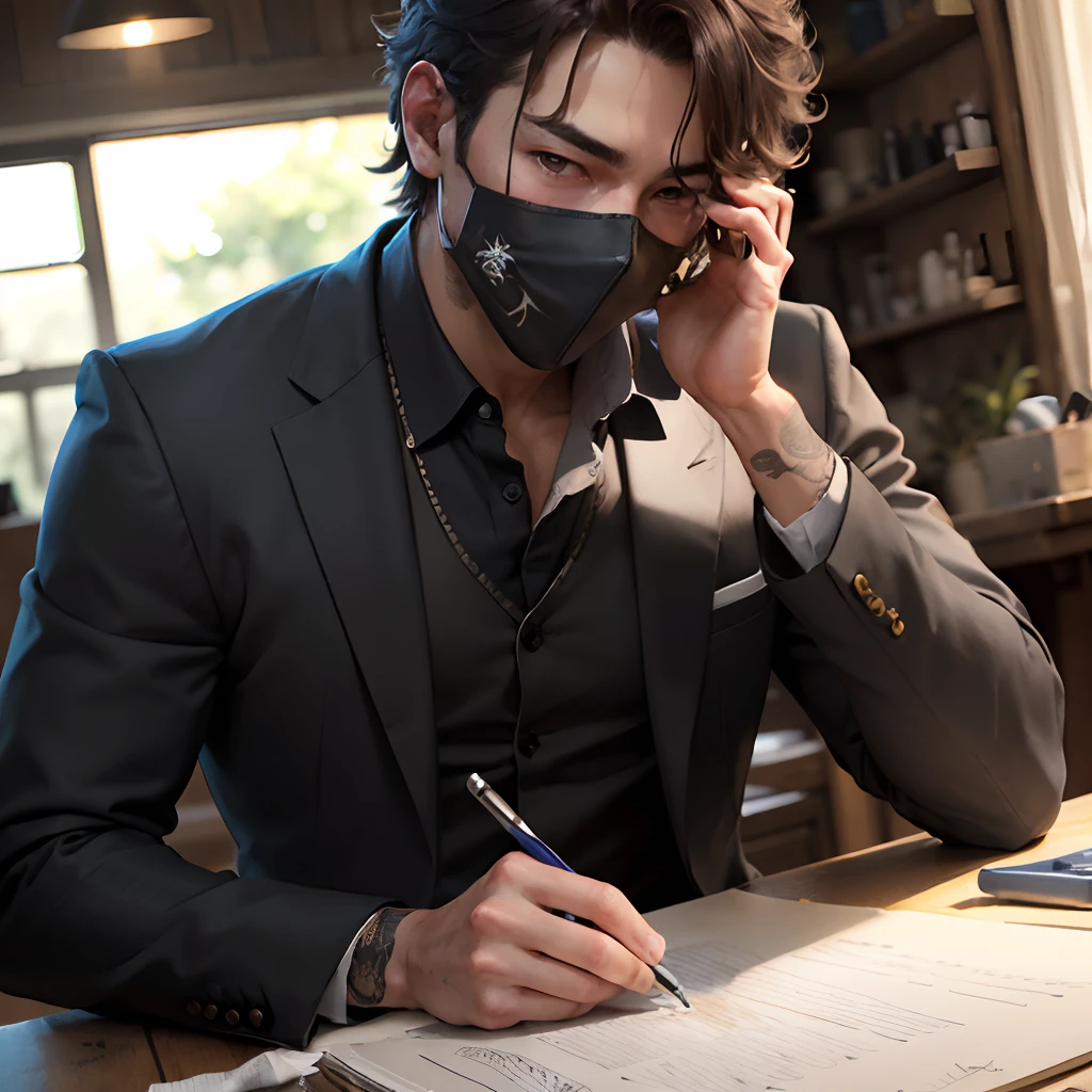A handsome men with hide face by hand