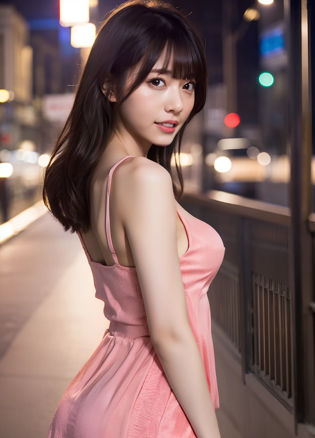 masterpiece、top-quality、higher rank、1girl in、asian human、Beautiful expression,Overall、Colossal tits、The background is the city at night、Wearing a sexy dress
